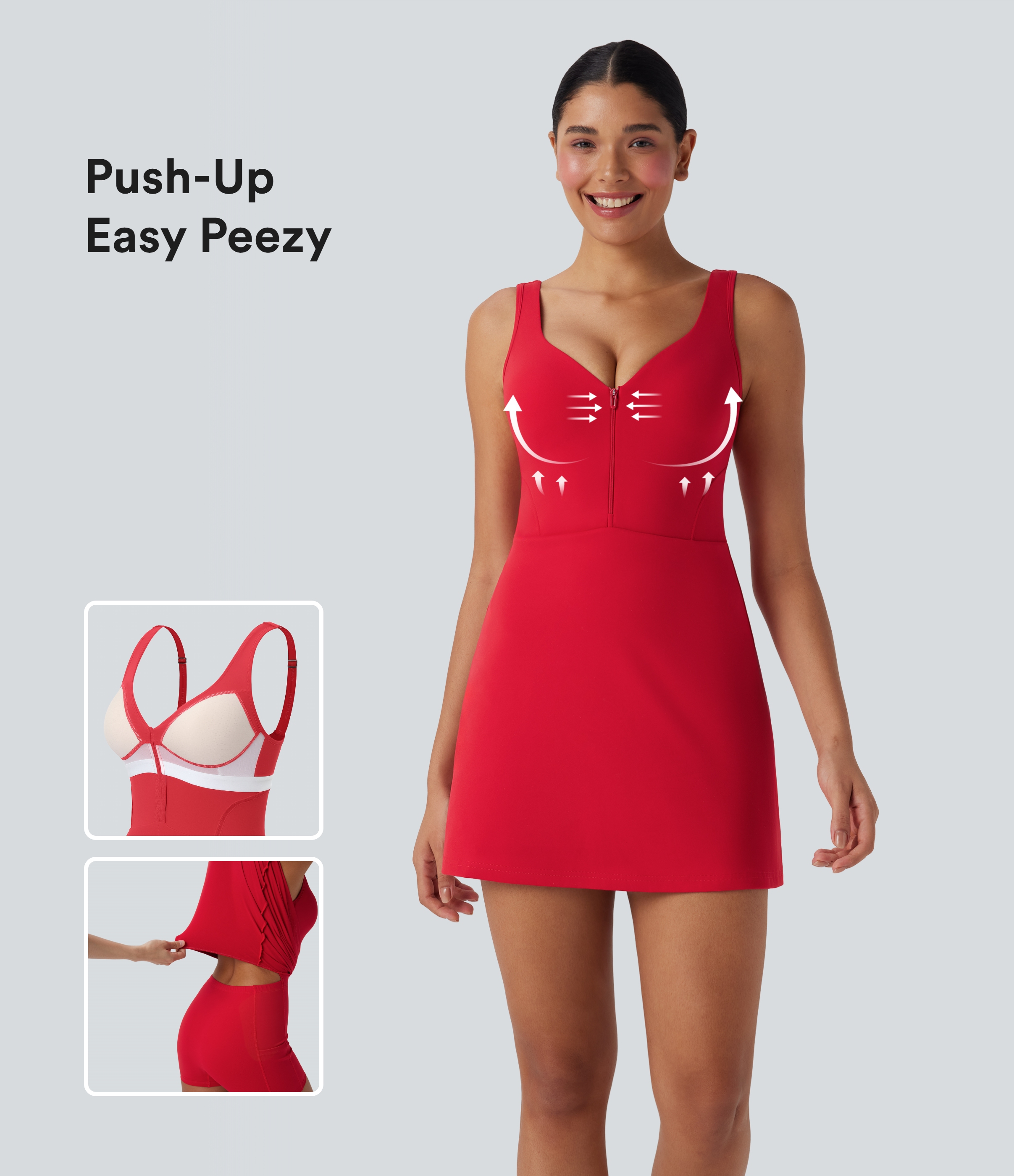 Vestido deportivo 2 en 1 de yoga Softlyzero™ con copas moldeadas, tirantes ajustables y cremallera con espalda abierta y bolsillos - Easy Peezy