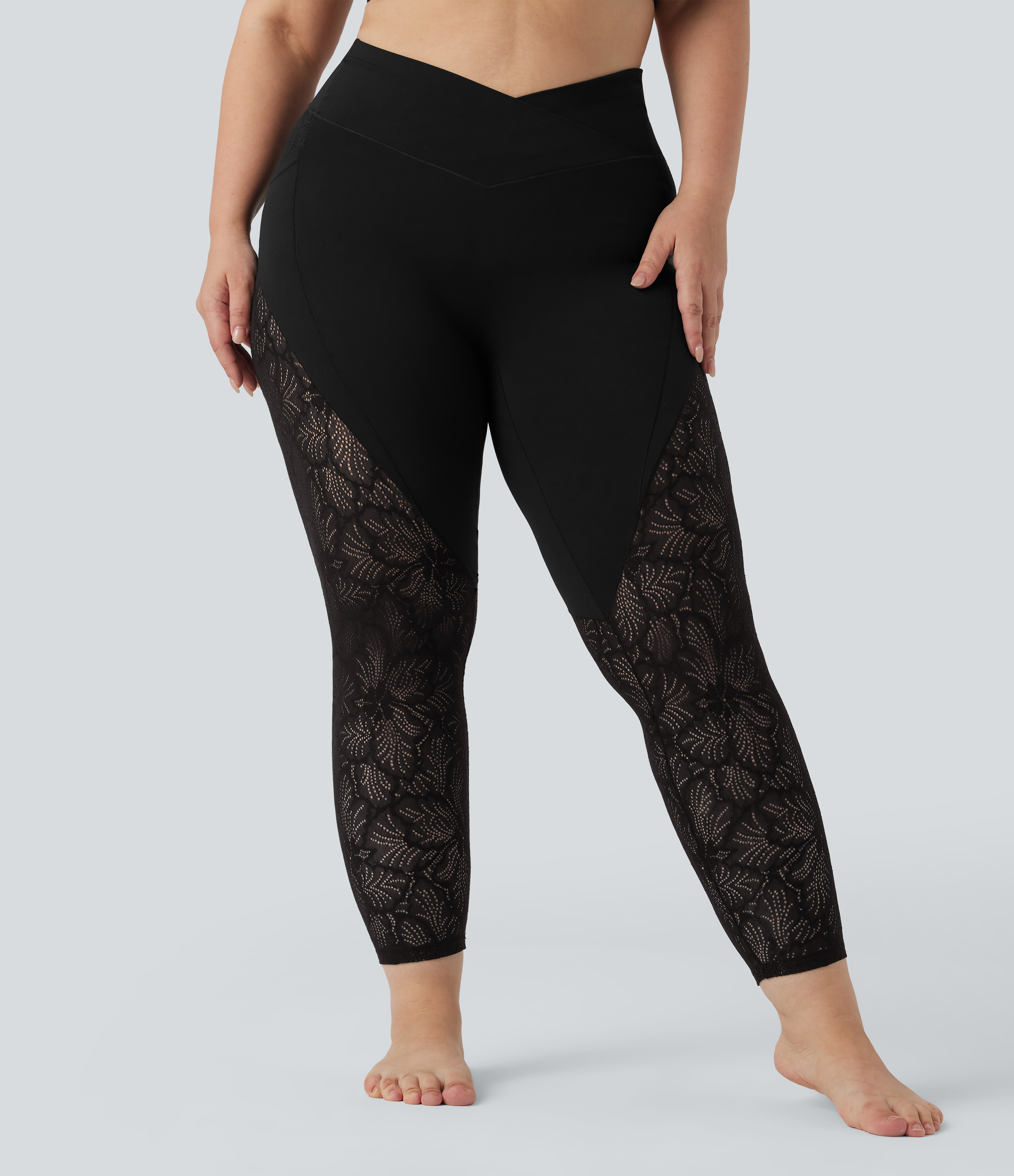Leggings yoga 7/8 grande taille SoftlyZero™ taille haute croisé dentelle contrastante avec poches - UPF50+