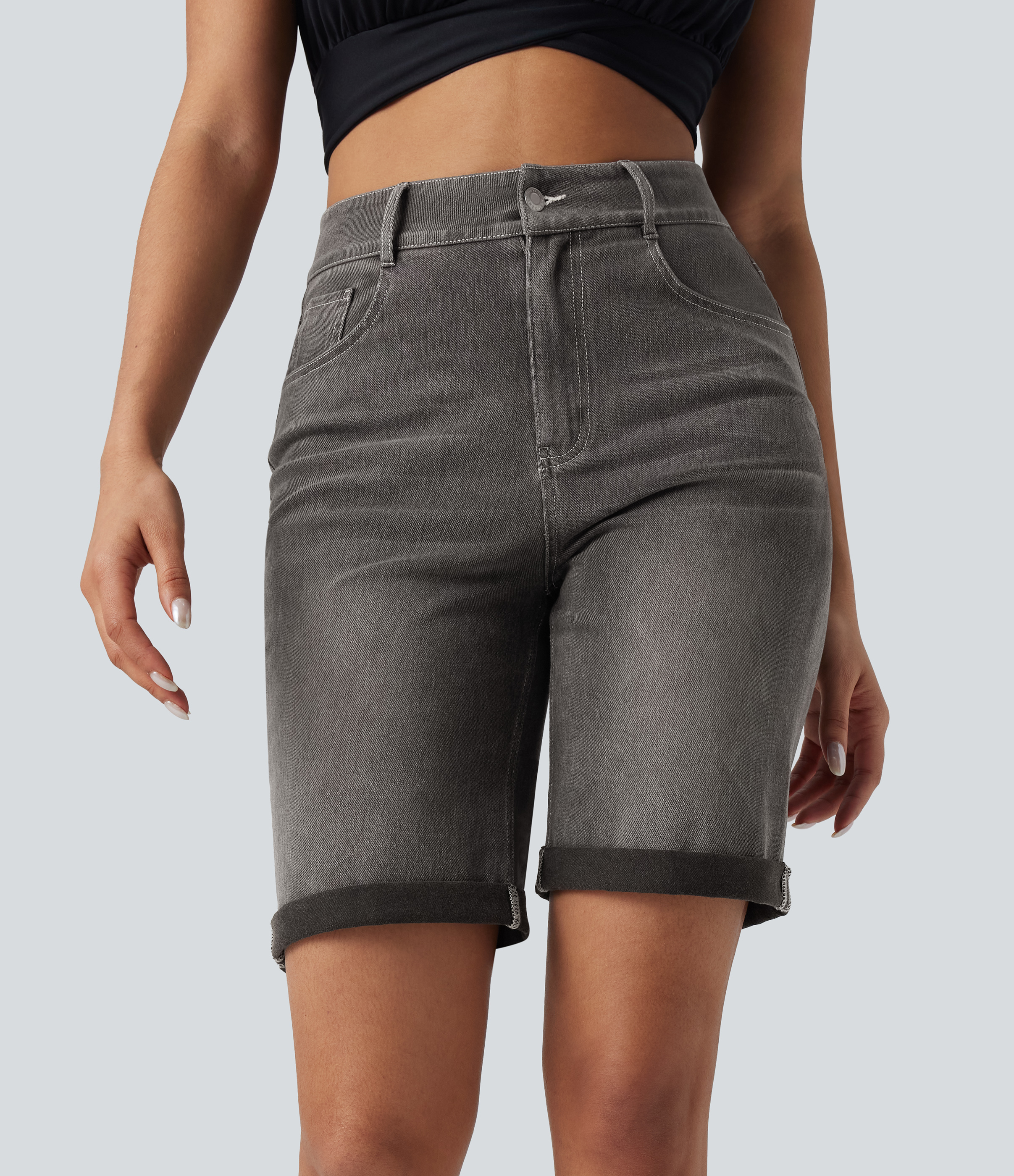 Short Bermuda en jean décontracté Halara Flex™ à taille haute avec poches et ourlet roulé