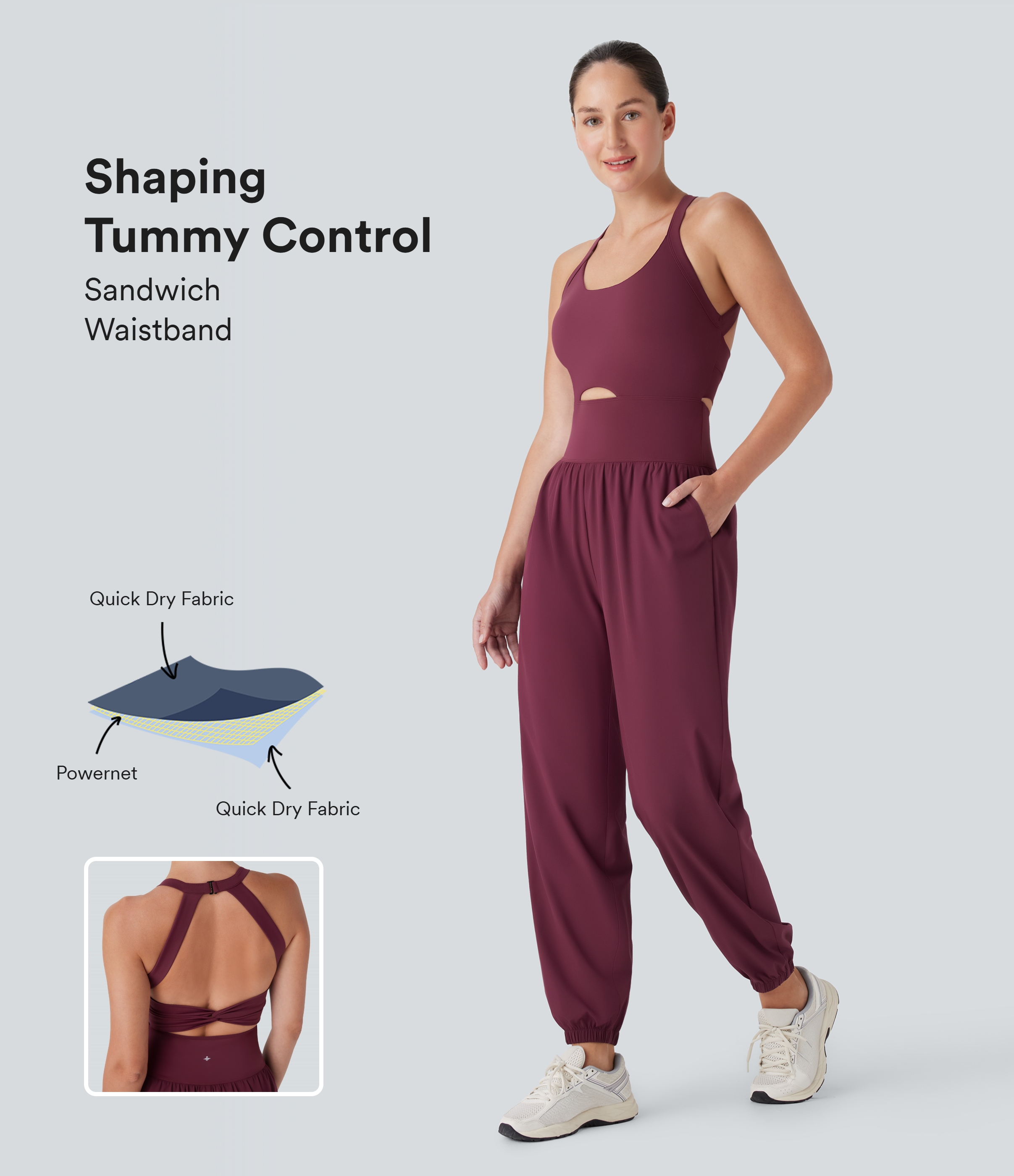 Amaranth Mono Breezeful™ SoCinched yoga secado rápido bolsillo lateral control abdomen torcido cuello U recortado sin espalda / 1