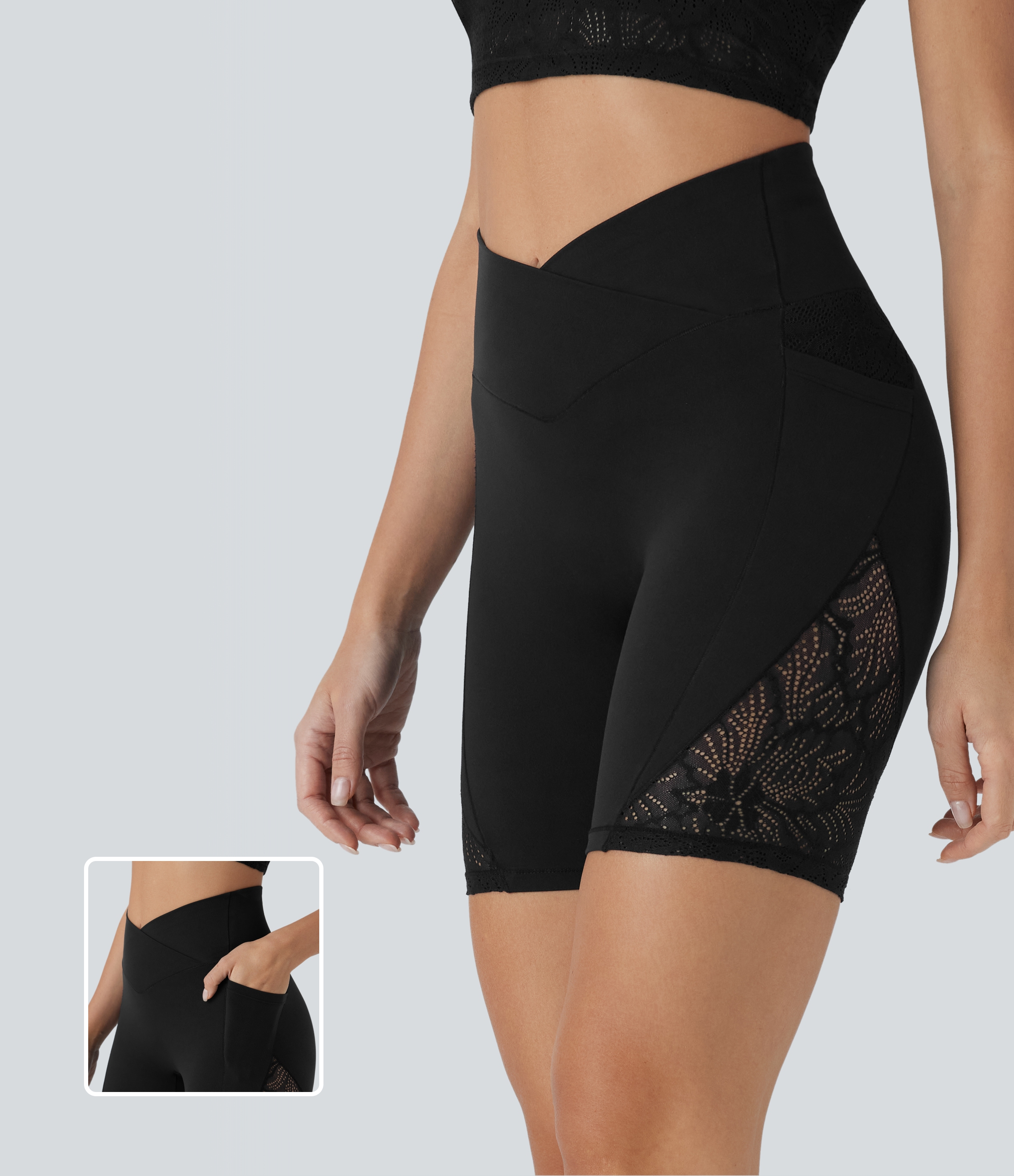 Noir Softlyzero™ short cycliste de yoga taille haute à effet croisé, dentelle contrastante, 7'' avec poches / 1