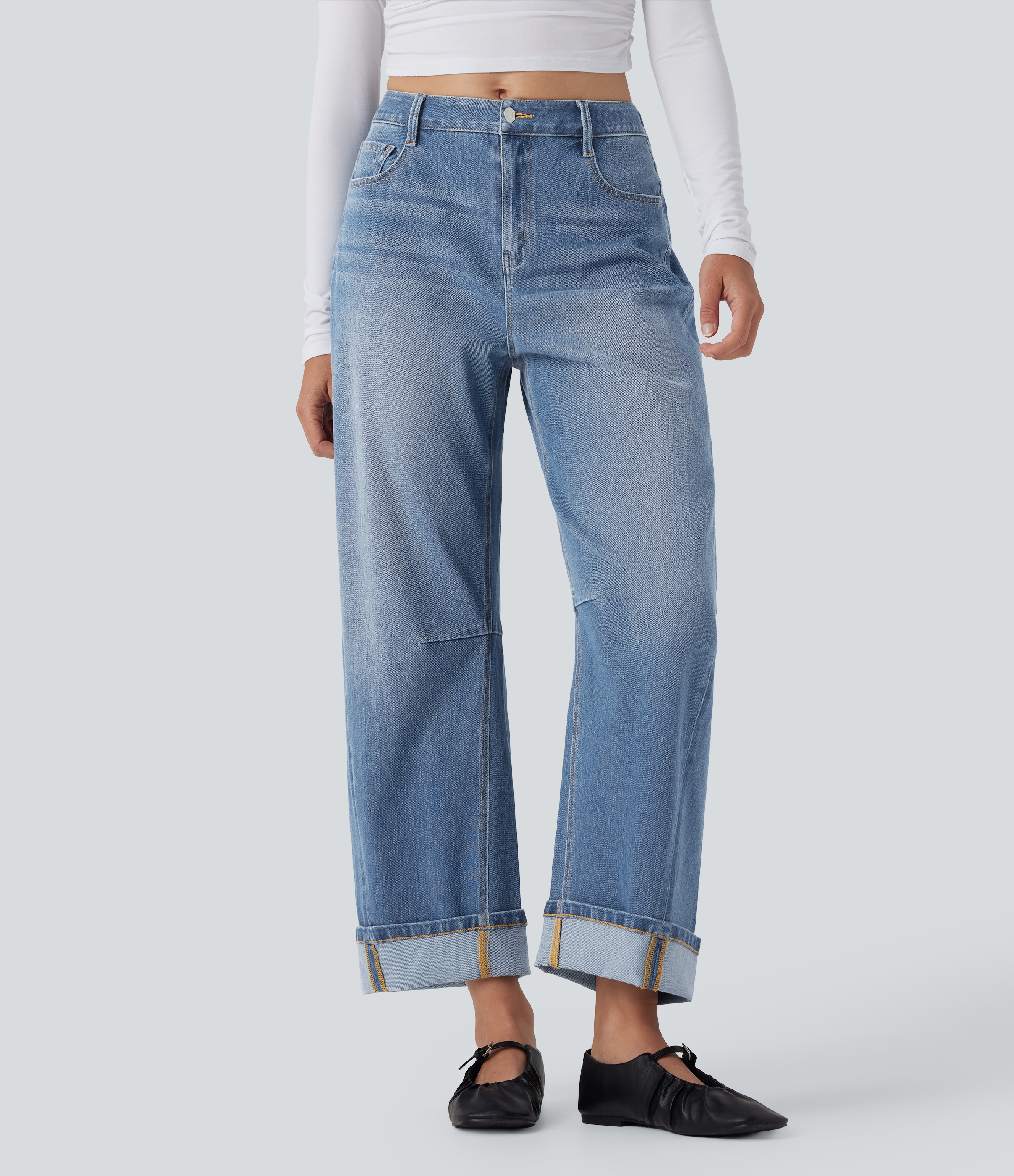 Halara Flex™ Mid Rise Barrel Leg Washed Casual Jeans with Pockets