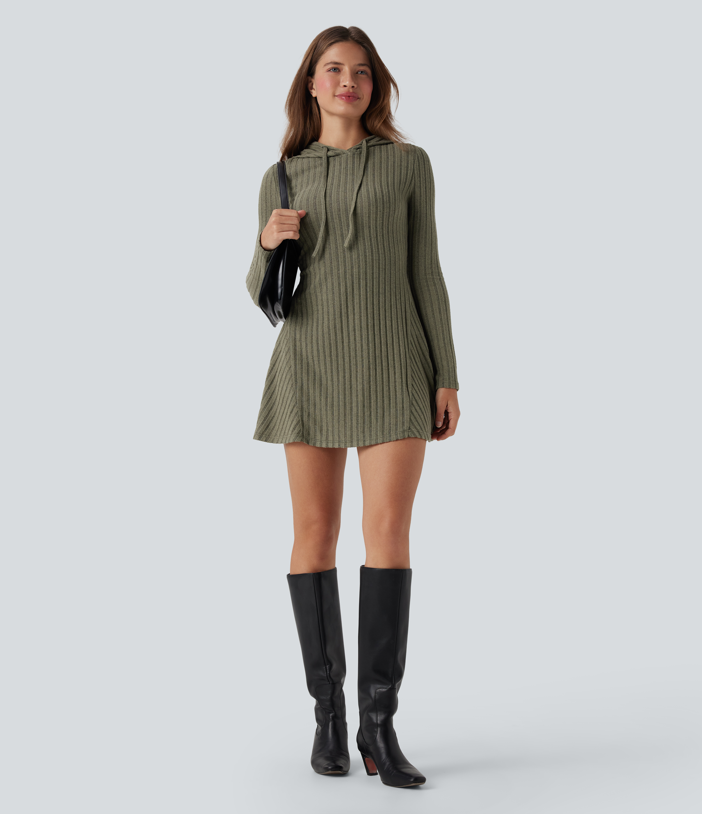 Ribbed Knit Hooded Drawstring Long Sleeve Mini Casual Dress