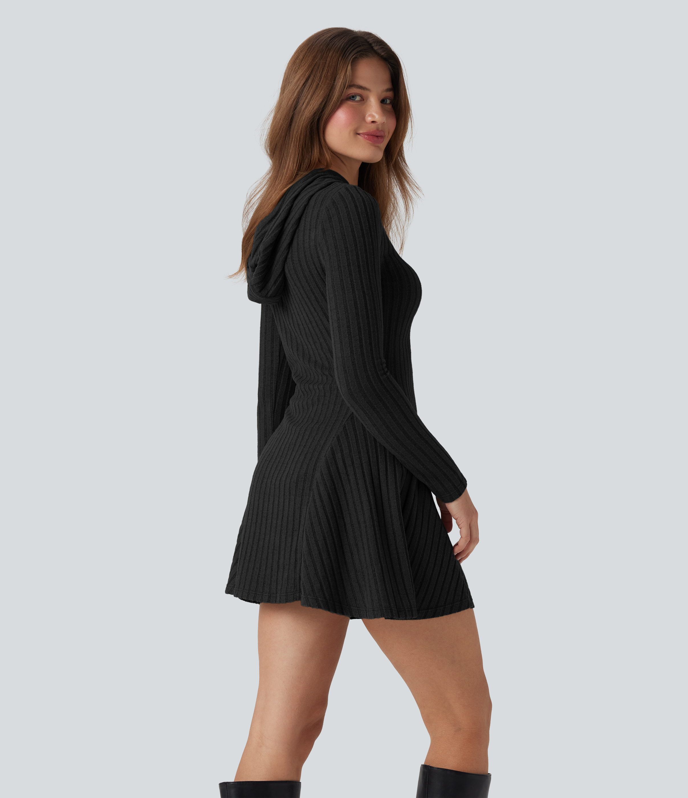 Robe décontractée mini à capuche maille côtelée manches longues avec cordon de serrage