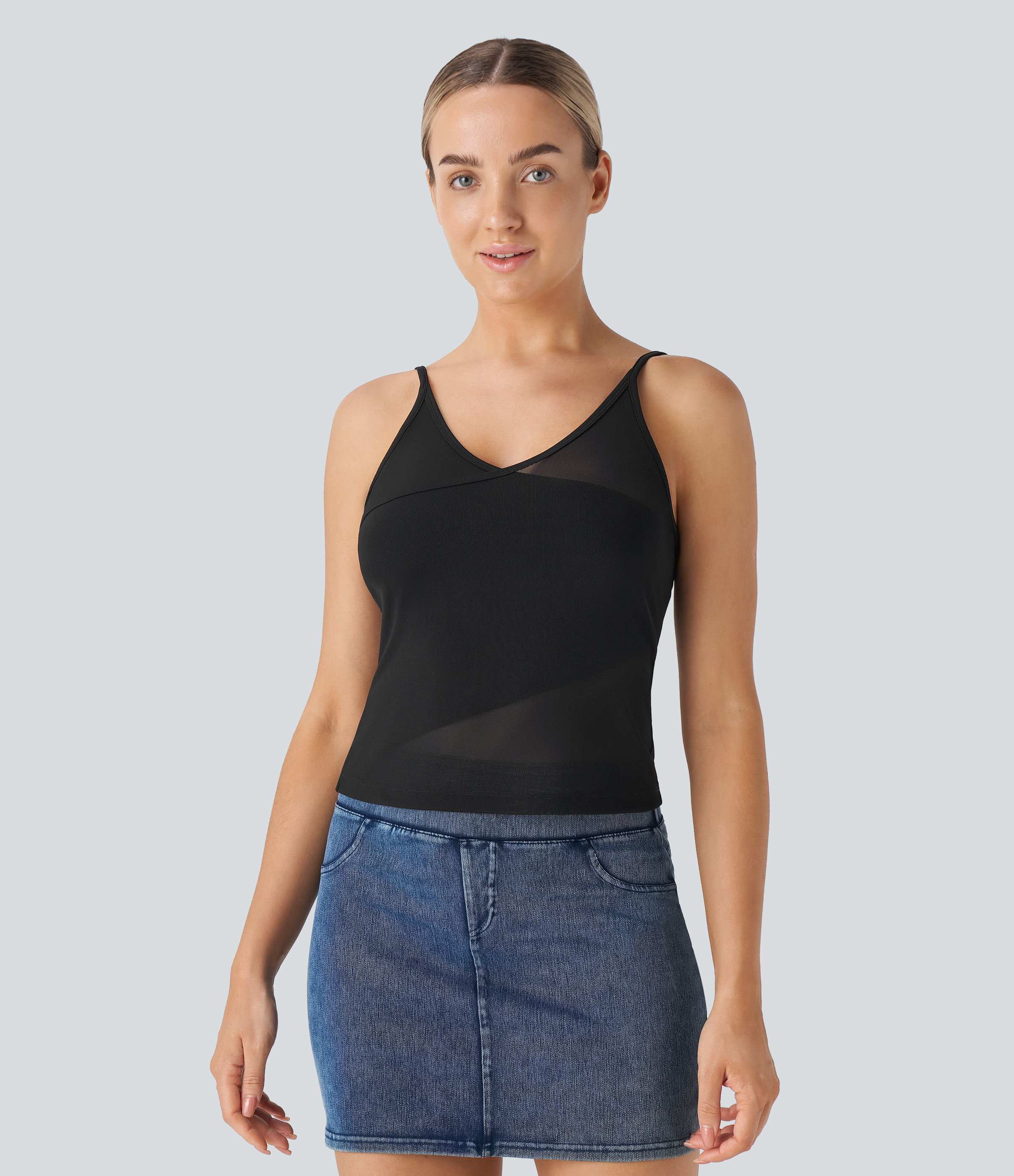 Negro Top tirante ajustado malla contrastante sin espalda cuello V / 1