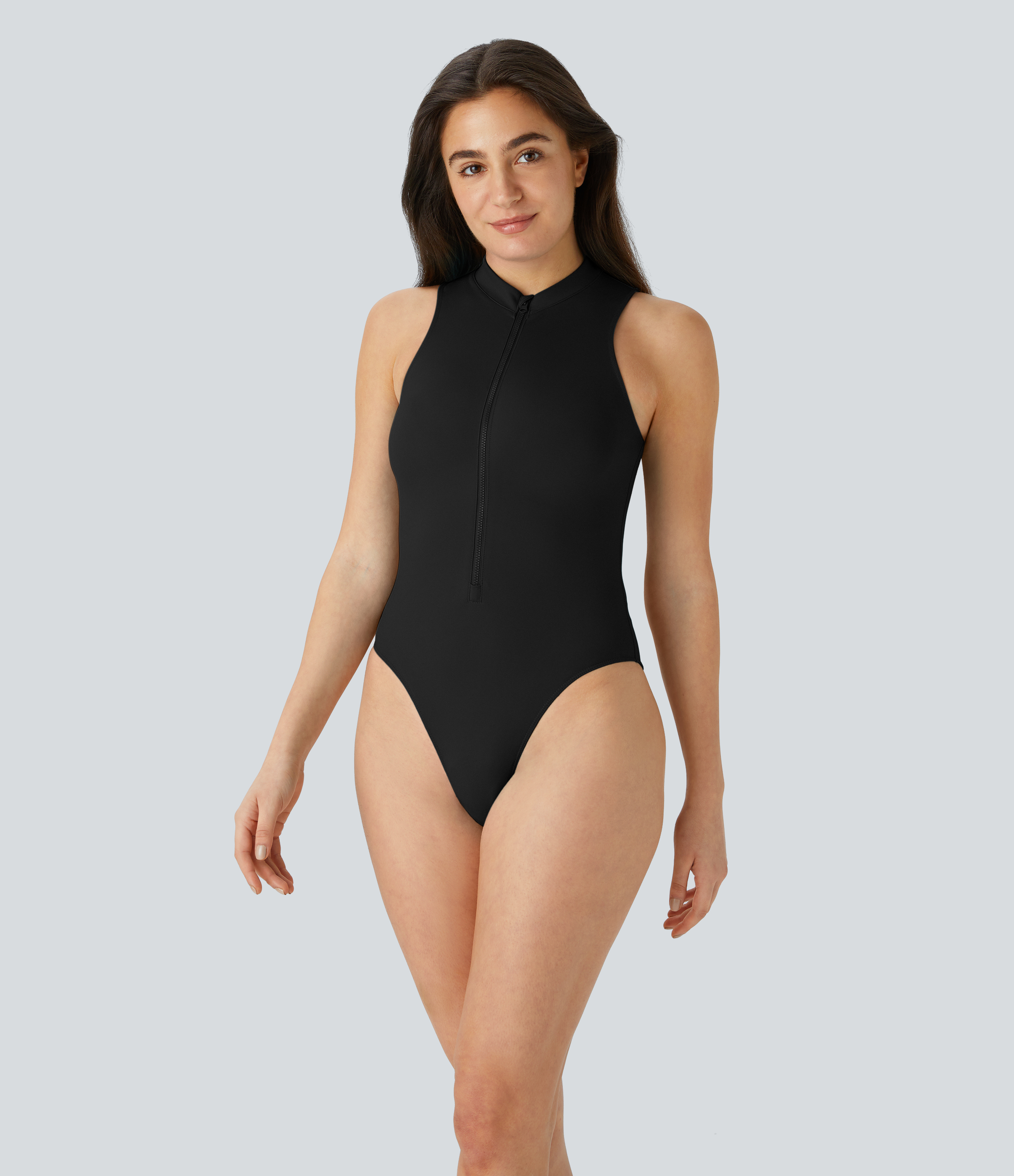 Women's Stand Collar Sleeveless Zipper One Piece Swimsuit
