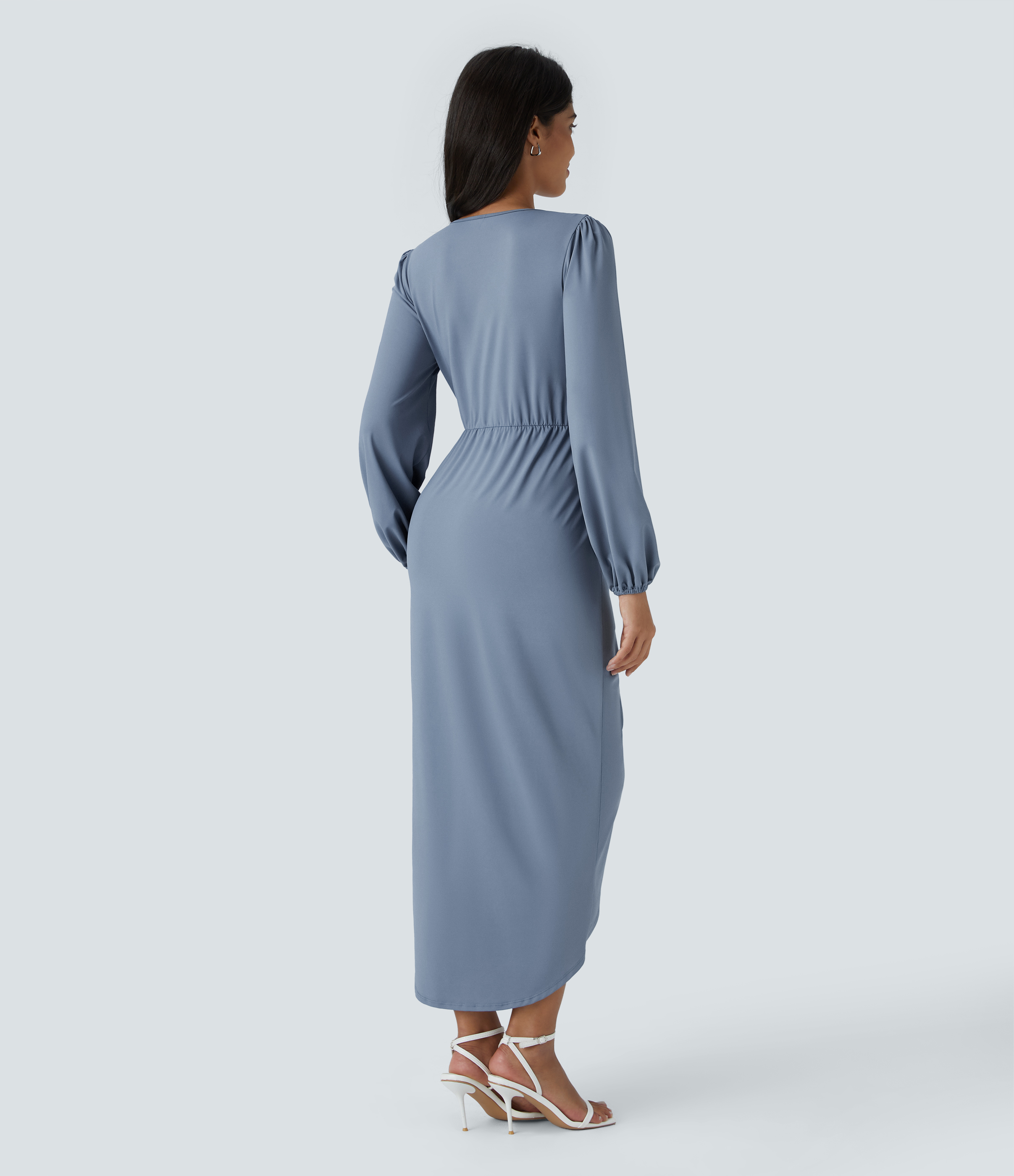 Rain Washed Vestido fiesta midi cuello V manga larga dobladillo tulipán plisado / 2