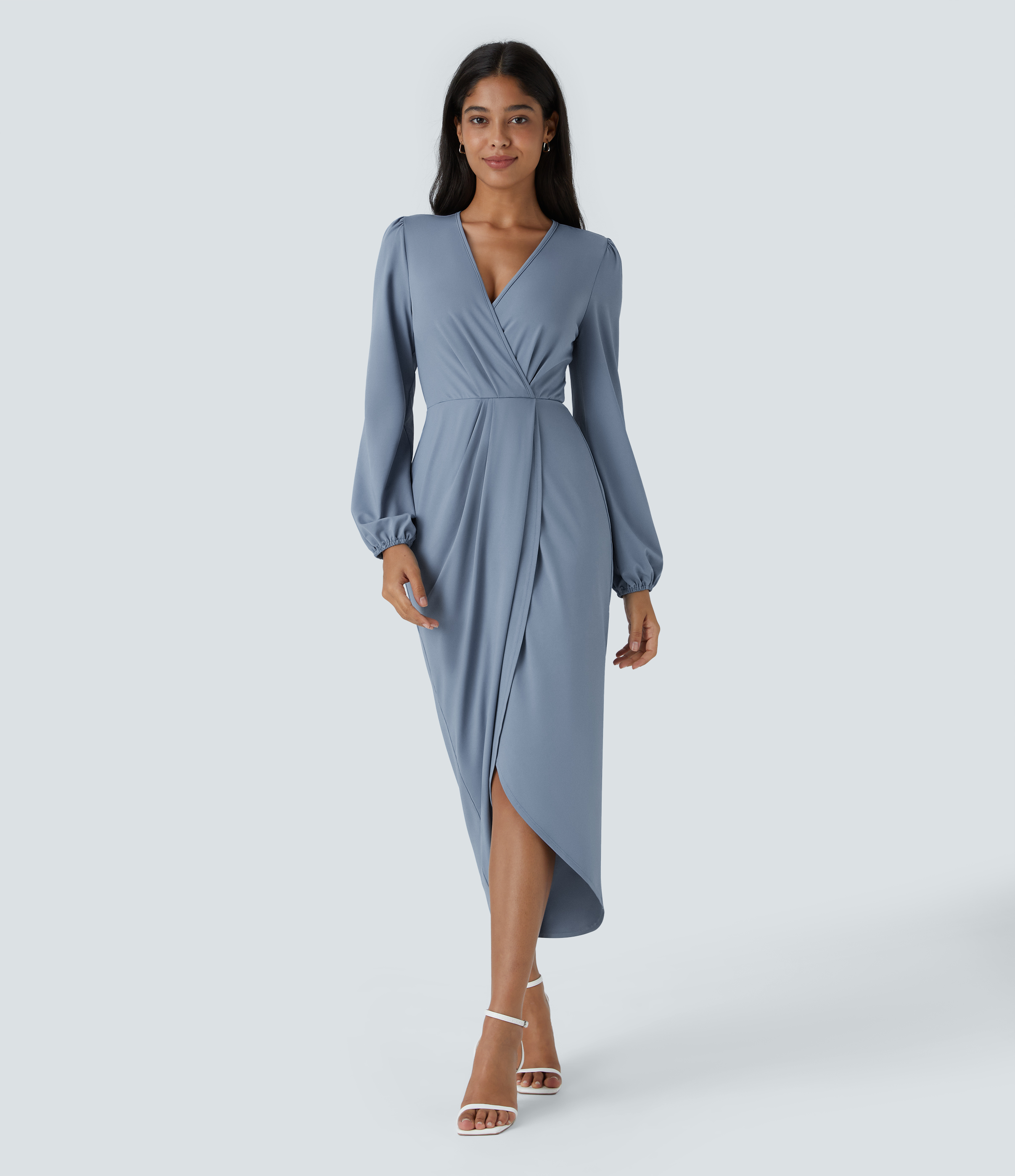 V Neck Long Sleeve Tulip Hem Midi Party Dress