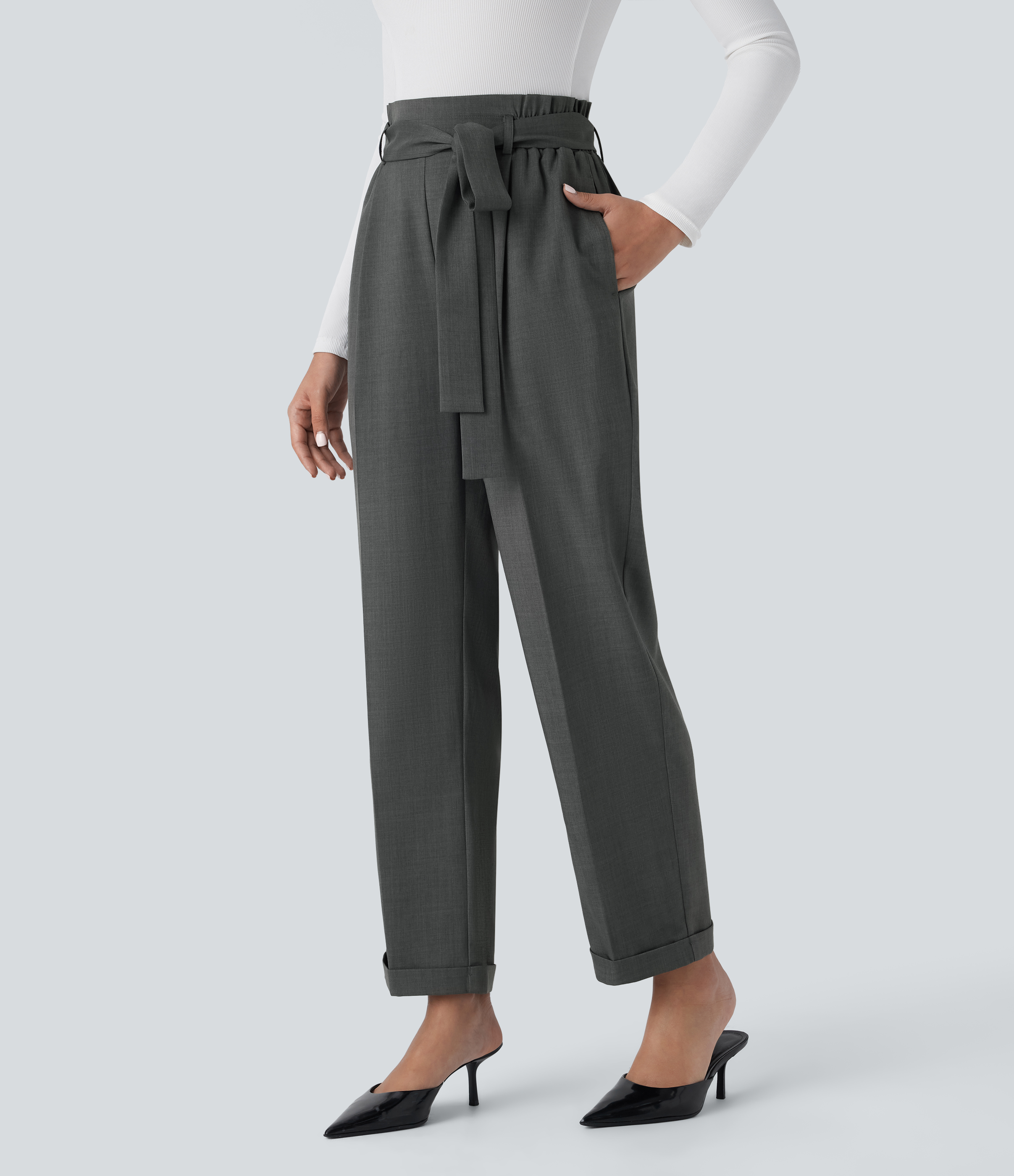Gunmetal Pantalón oficina tiro alto cinturón bolsillo lateral pierna recta / 1