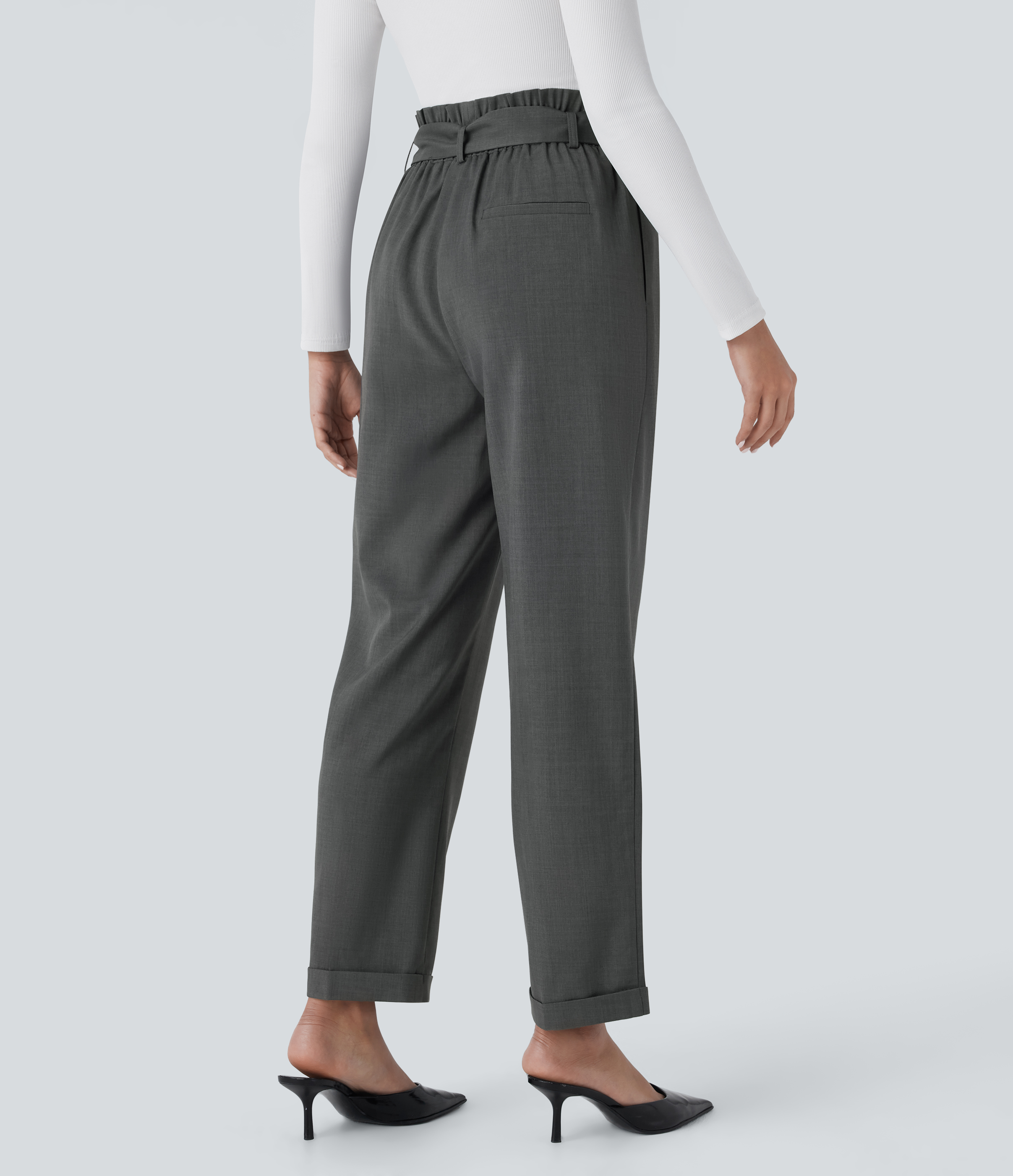 Gunmetal Pantalón oficina tiro alto cinturón bolsillo lateral pierna recta / 2
