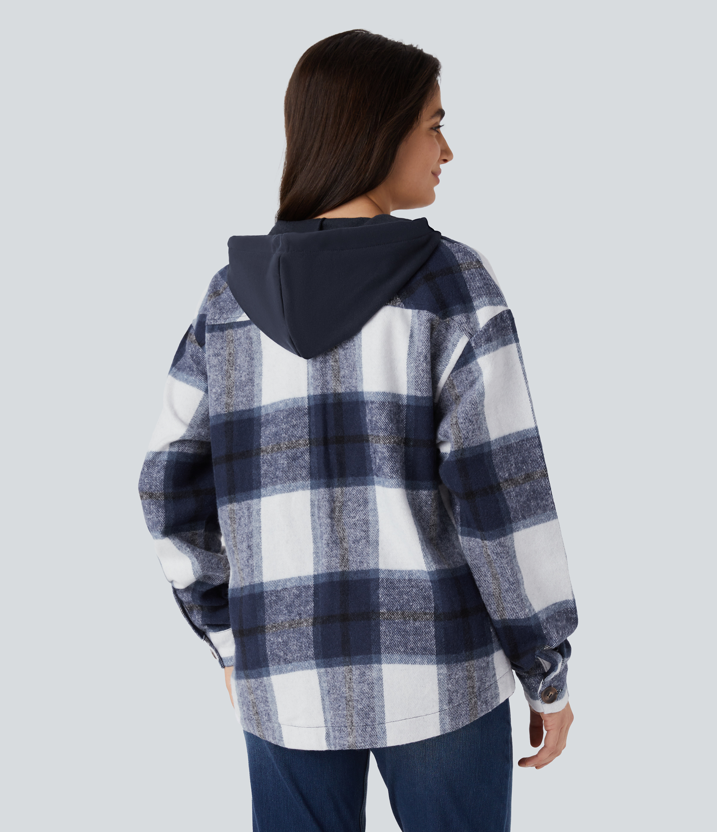 Blue Grey Plaid Casual karierte Fleecejacke mit Kapuze, Kordelzug, Knöpfen und Taschen / 2