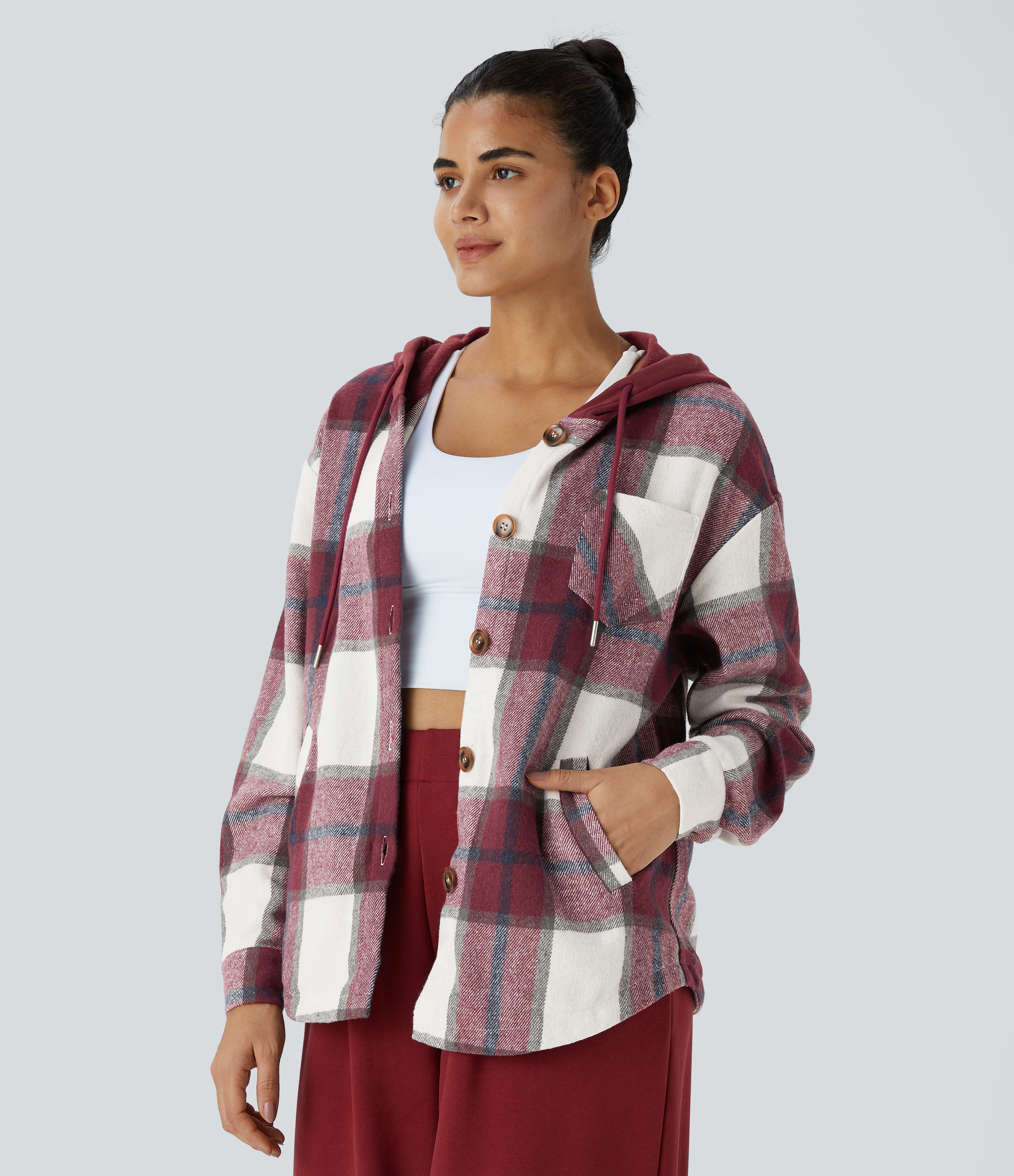 Hooded Drawstring Pocket Plaid Thermal Casual Jacket
