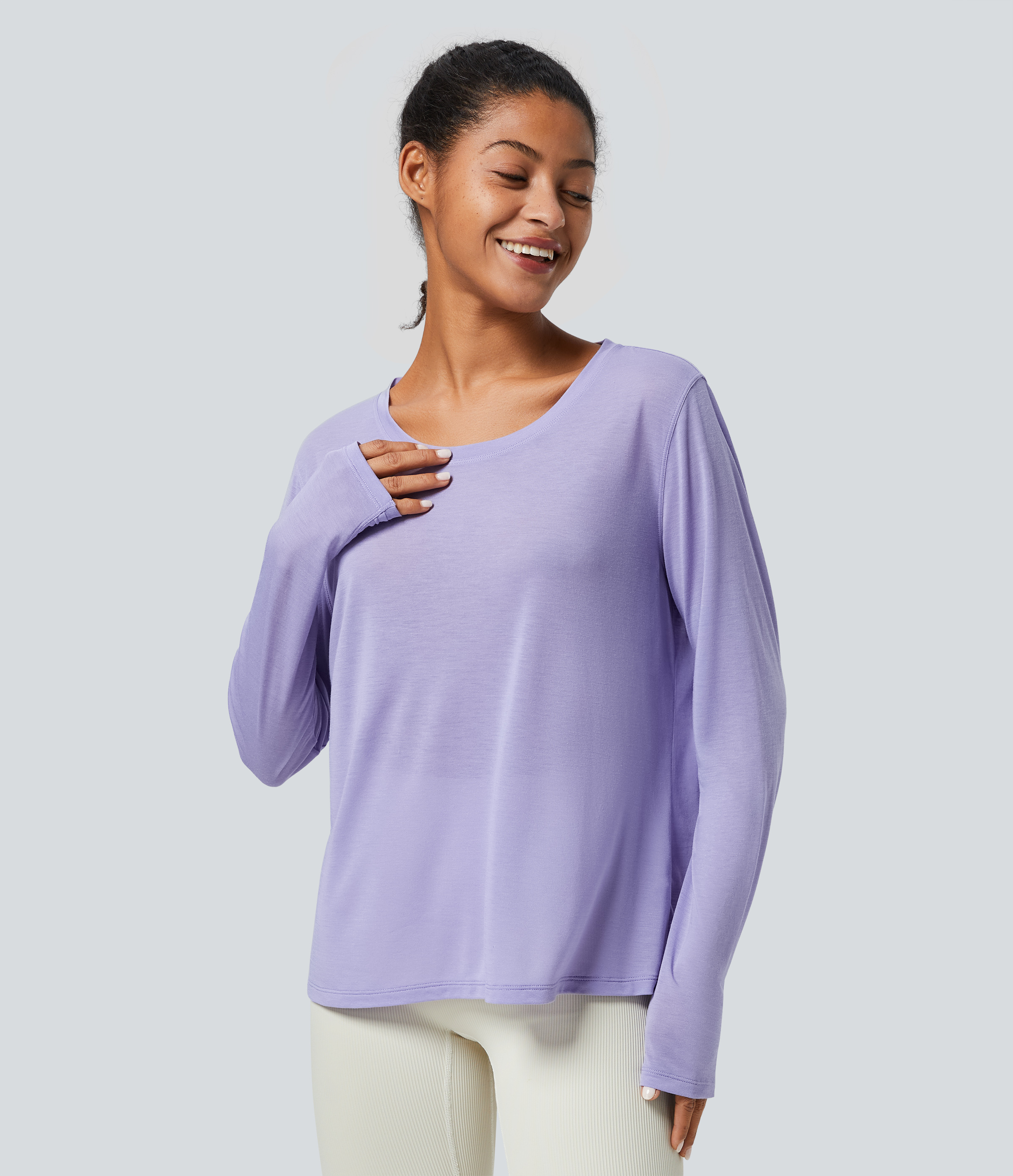 Pastel Lilac Top deportivo yoga cuello redondo manga larga abertura lazo espalda / 2