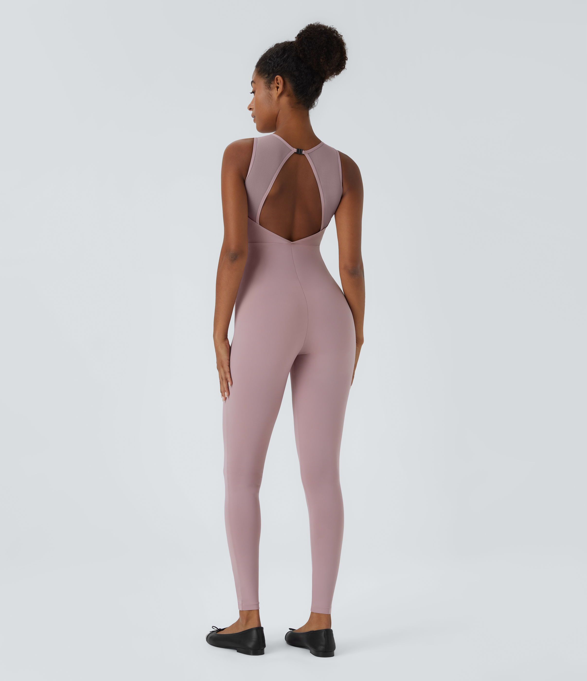 Round Neck Sleeveless Contrast Mesh Dance Jumpsuit