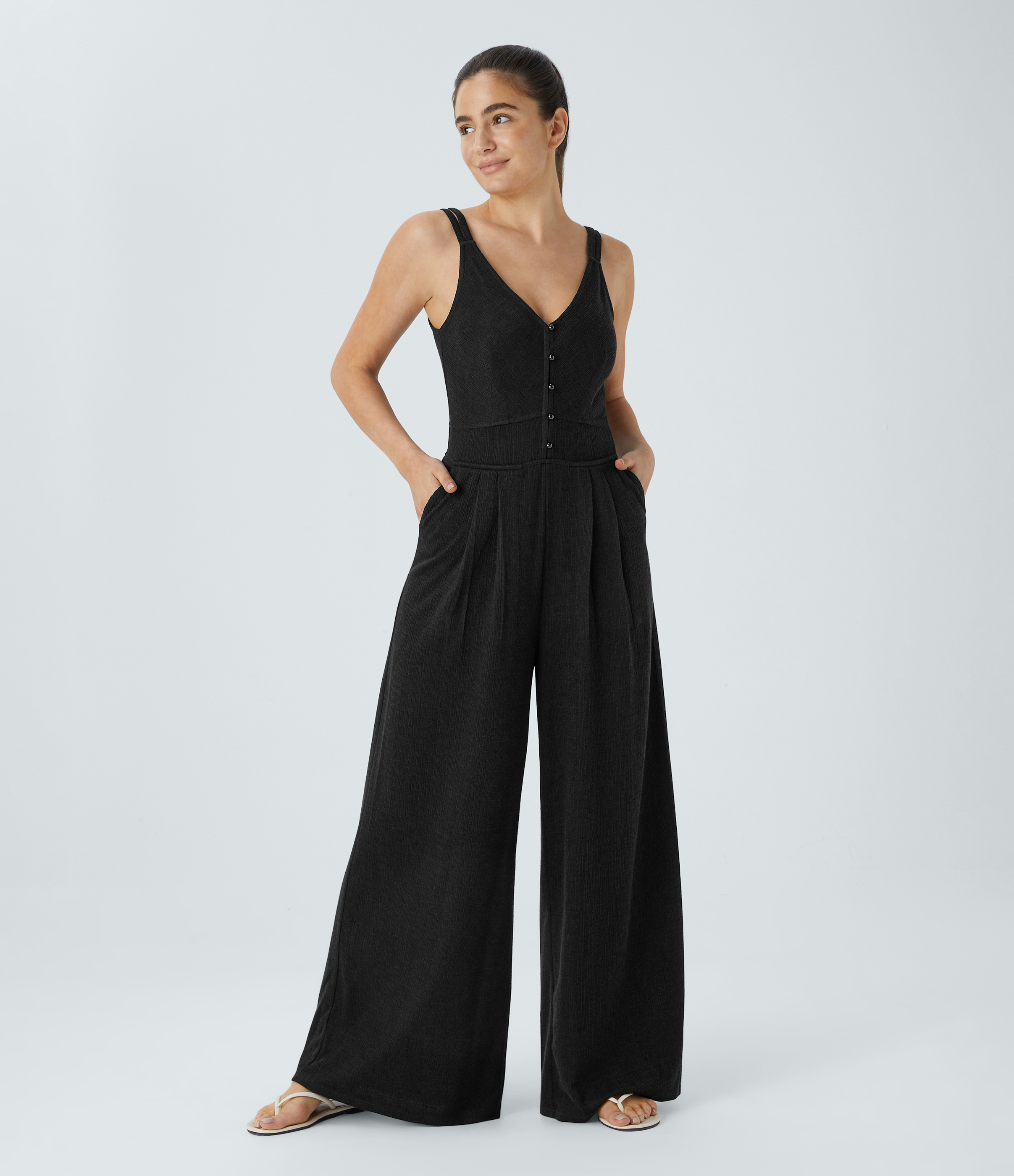 Double Strap V-Neck Button Side Pocket Wide Casual Jumpsuit