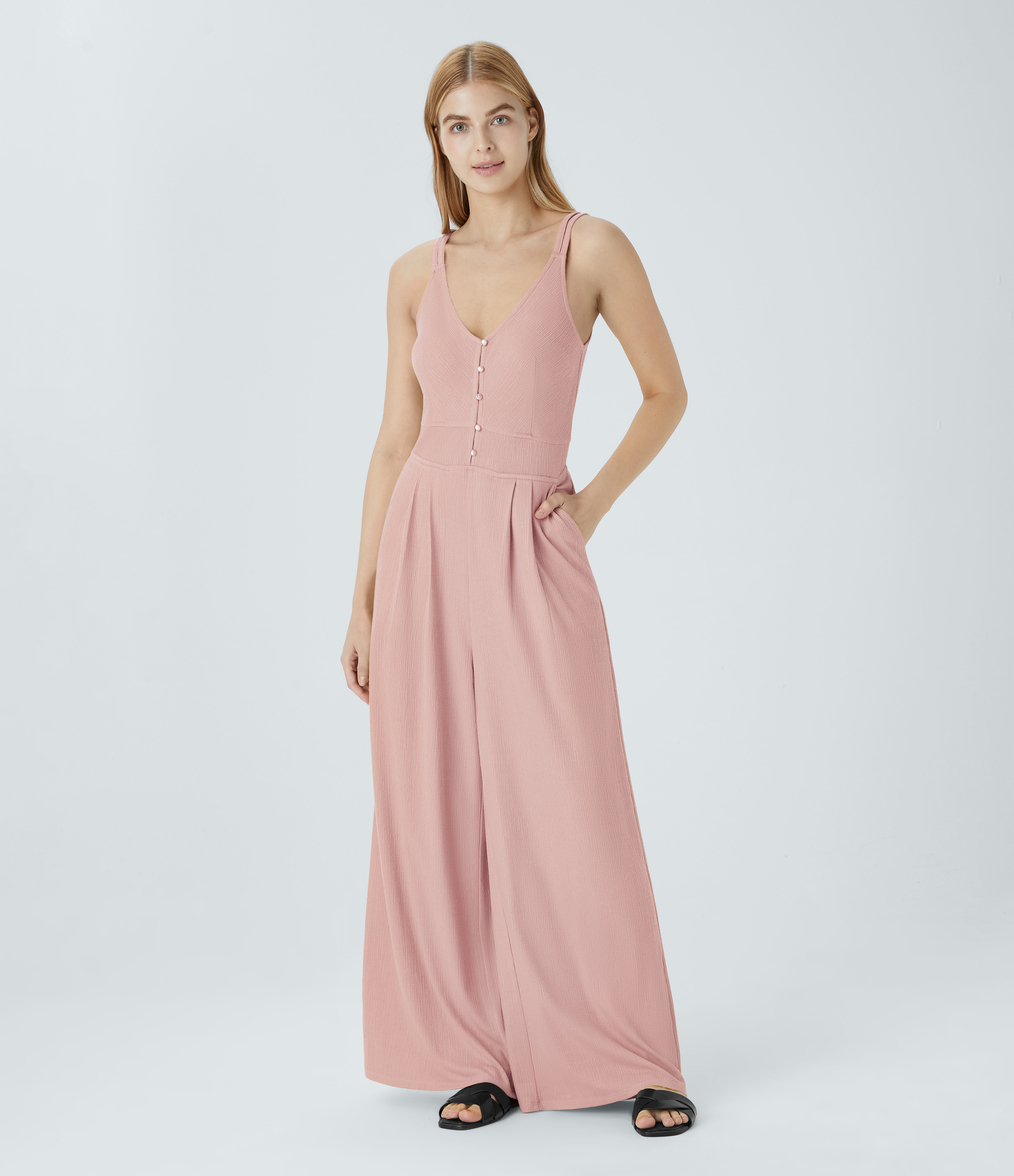 Double Straps V Neck Pocket Wide Leg Casual Jumpsuit