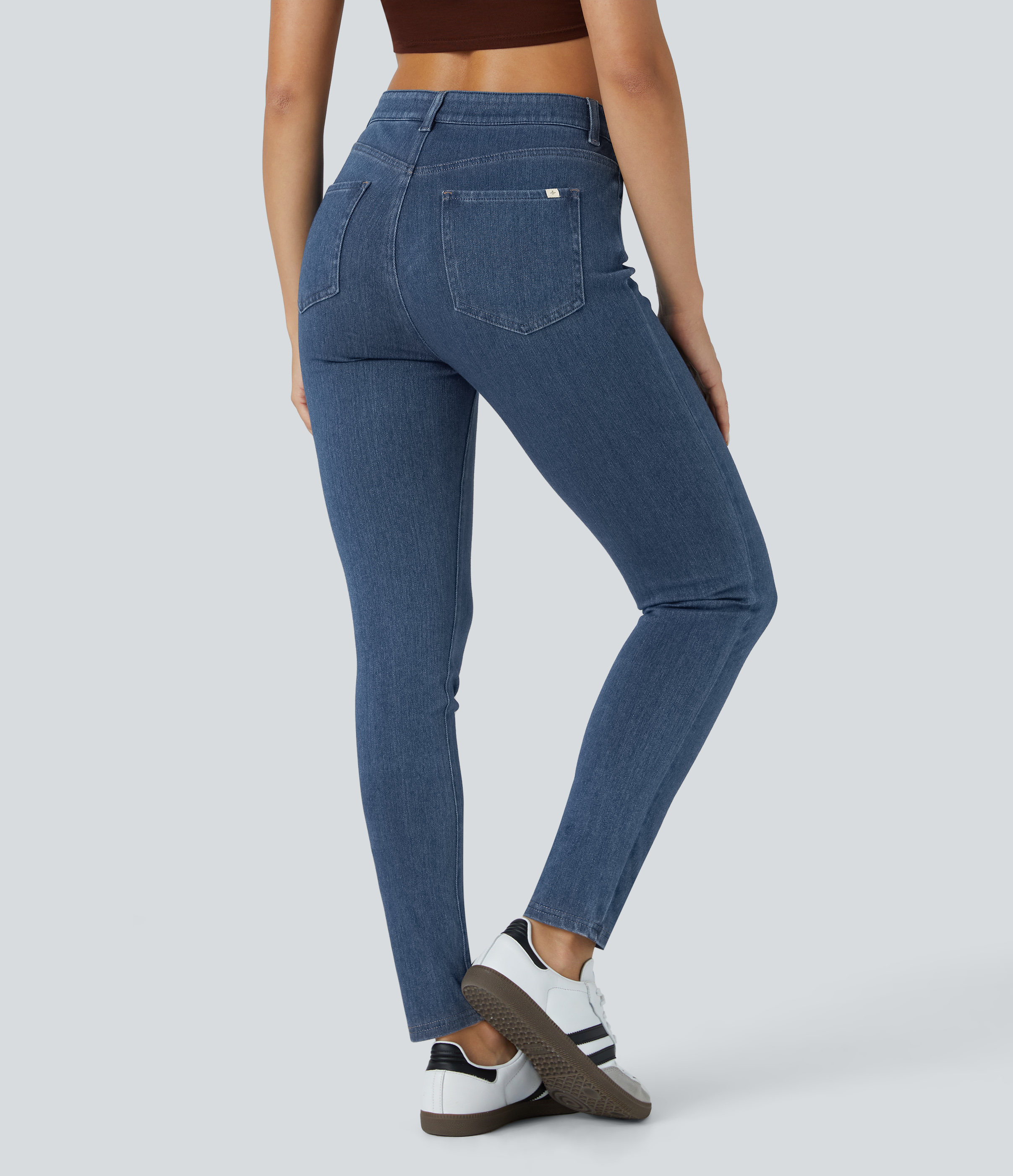 Washed Denim Bleached Blue Halara Flex™ ハイウエスト ボタン ジッパー マルチポケット ストレッチニット カジュアルジーンズ / 2