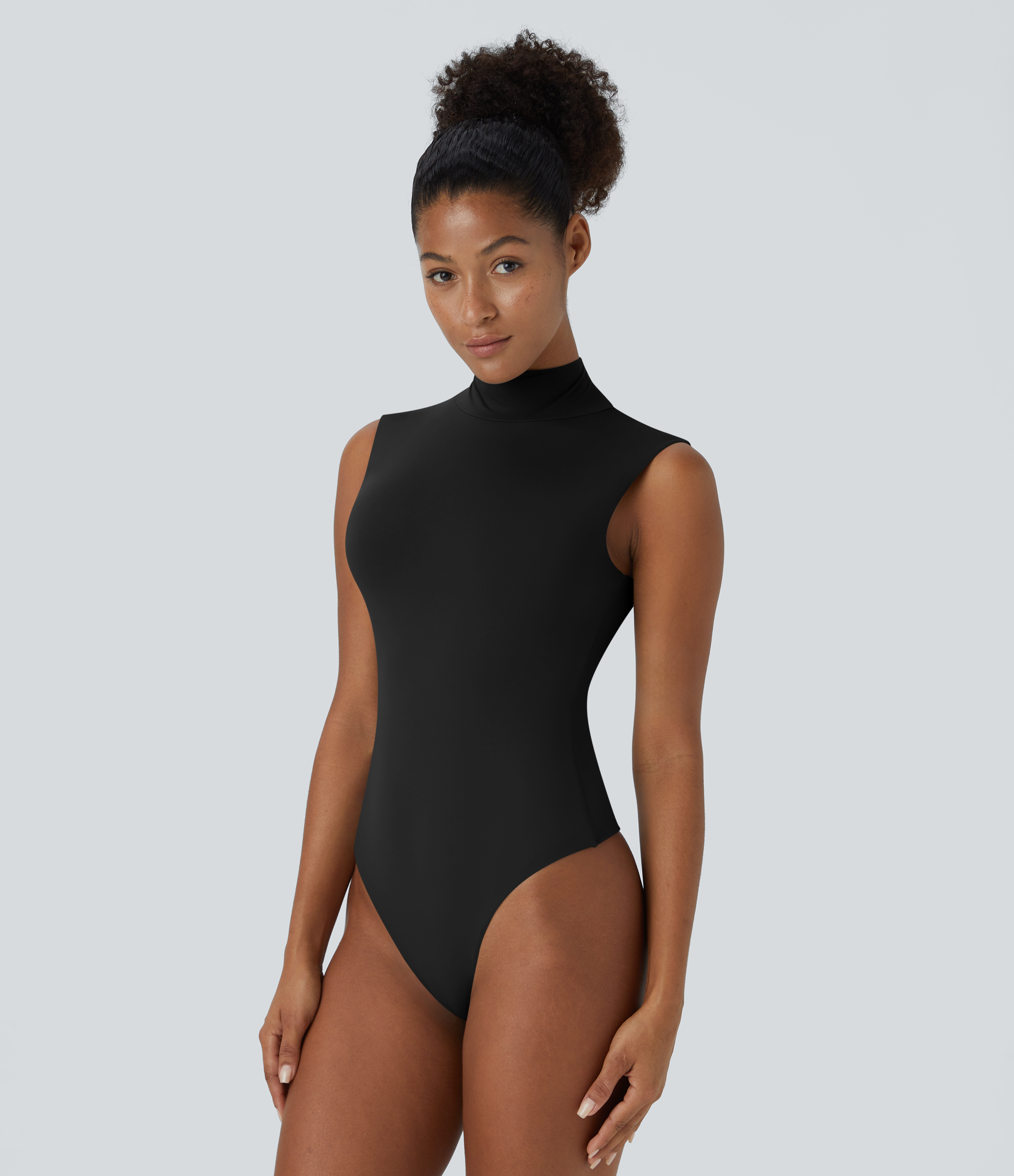 Black Stand Collar Sleeveless Plain Casual Bodysuit / 2