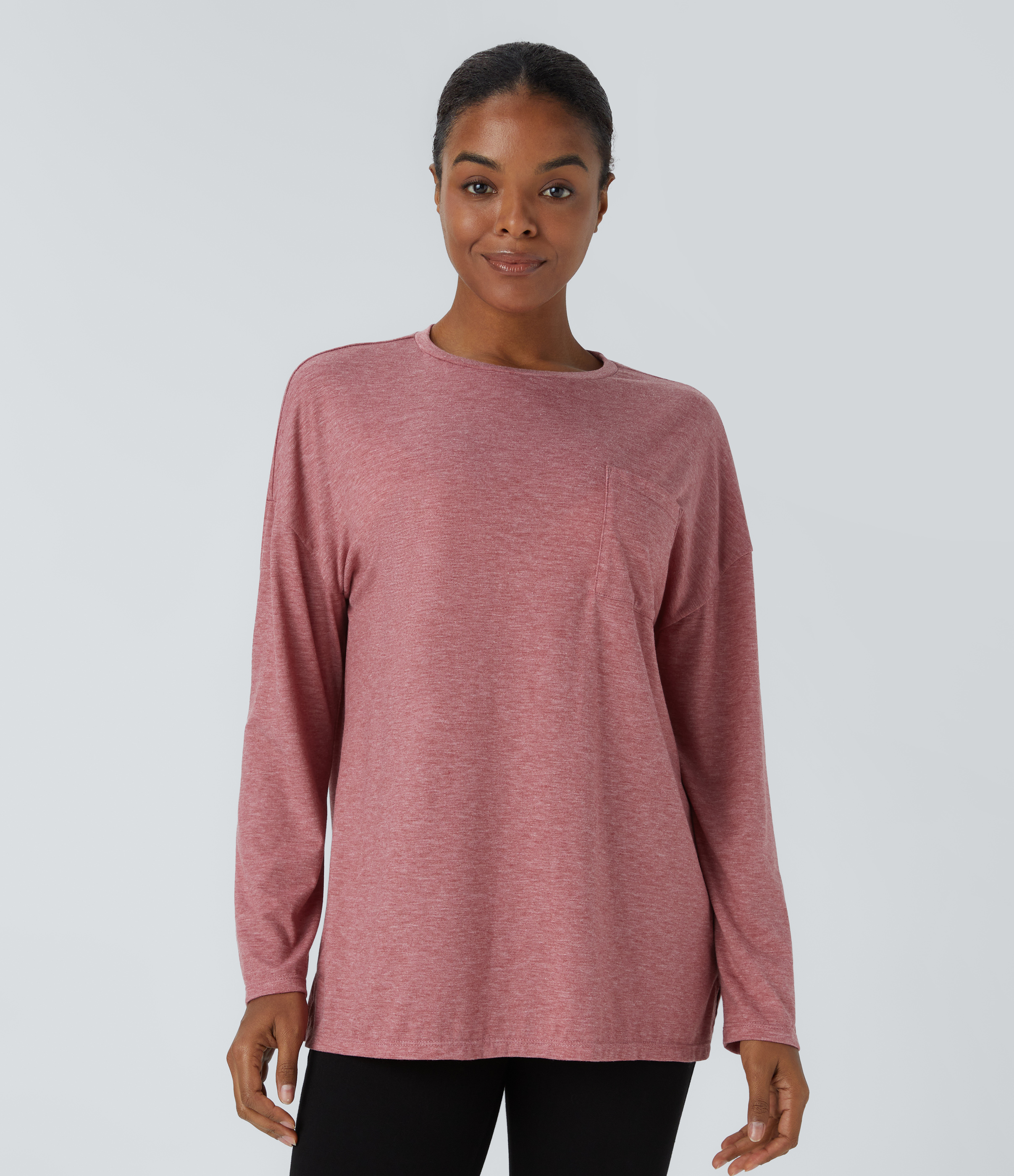 Round Neck Long Sleeve Pocket Hem Relax Casual Top