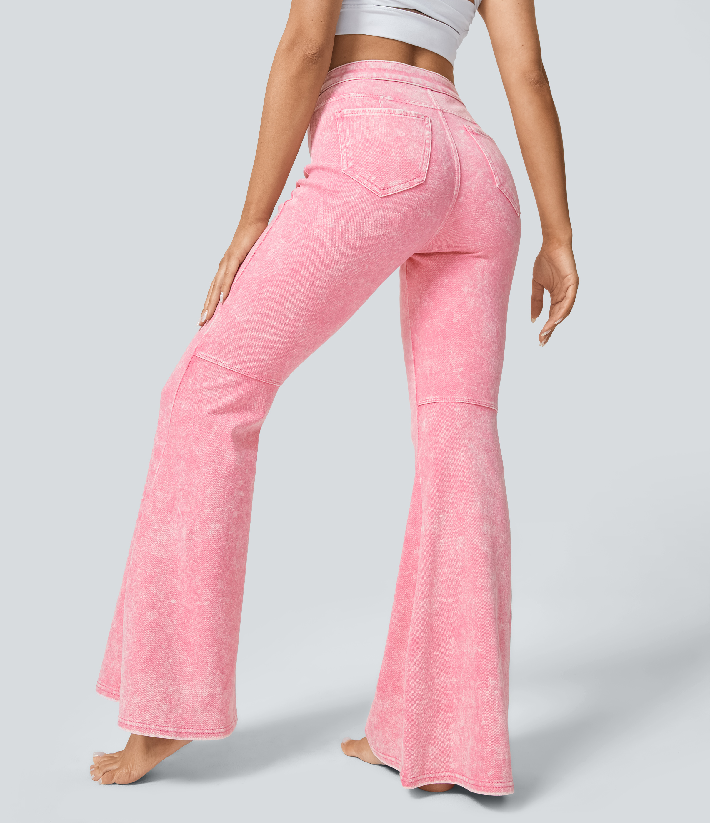 Washed Denim Bubblegum Pink Halara Flex™ ハイウエスト バックポケット ウォッシュ加工 カラフル ストレッチニット カジュアル スーパーフレア ジーンズ / 2