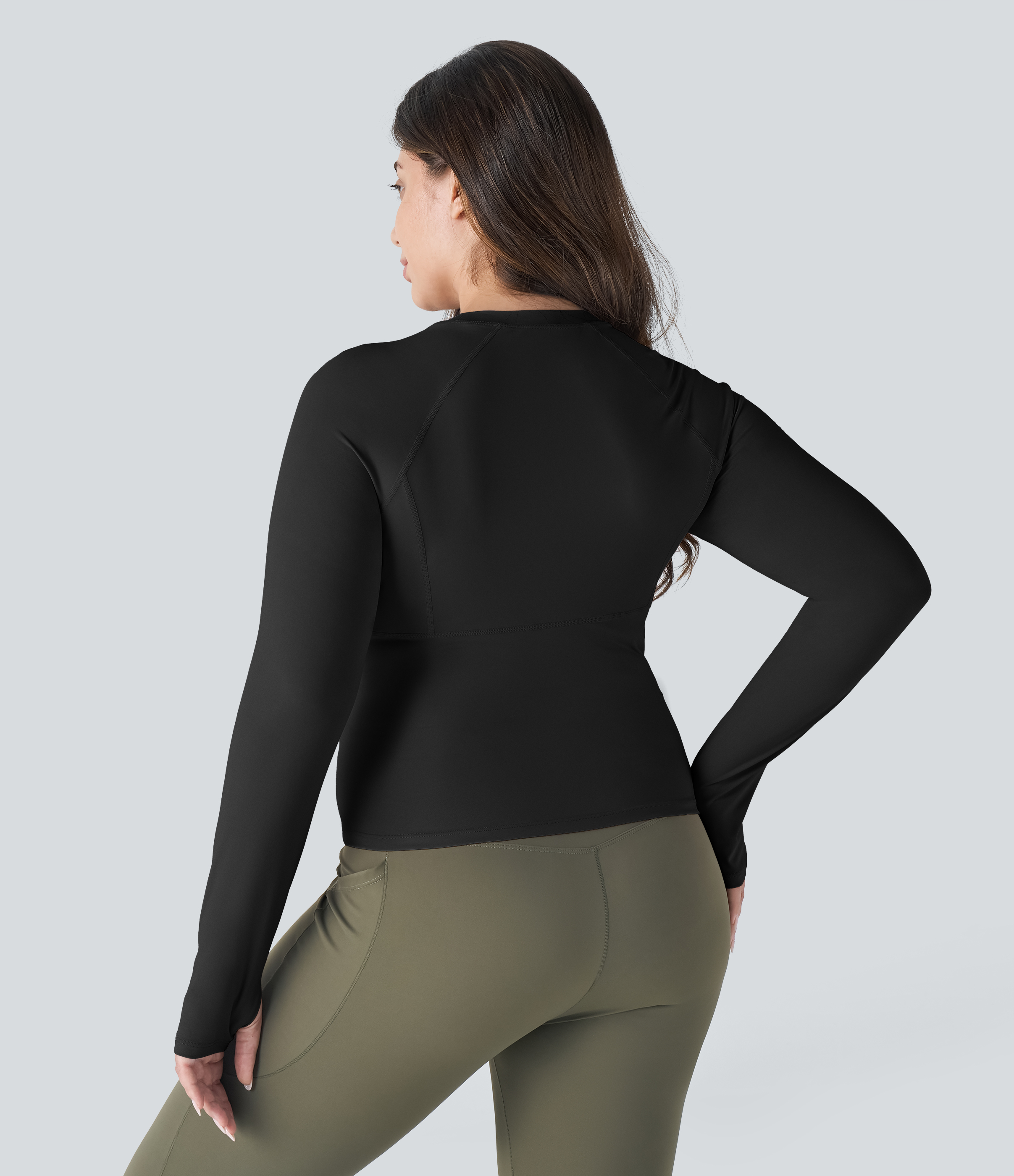 Negro Top deportivo talla grande yoga orificio pulgar sólido / 2