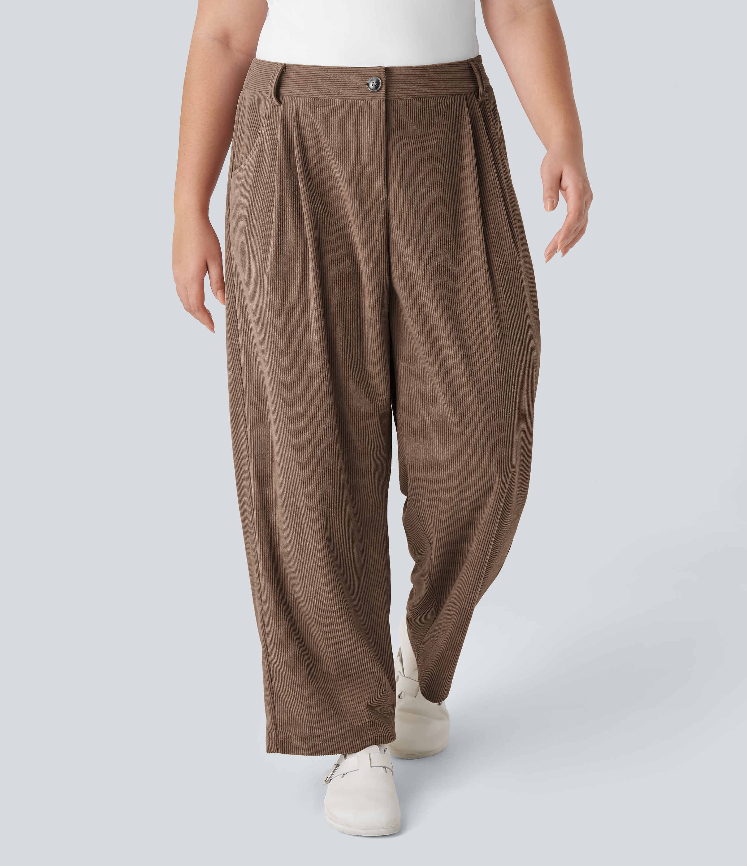 Acorn Mid Rise Zipper Pocket Plus Size Corduroy Casual Trousers / 2