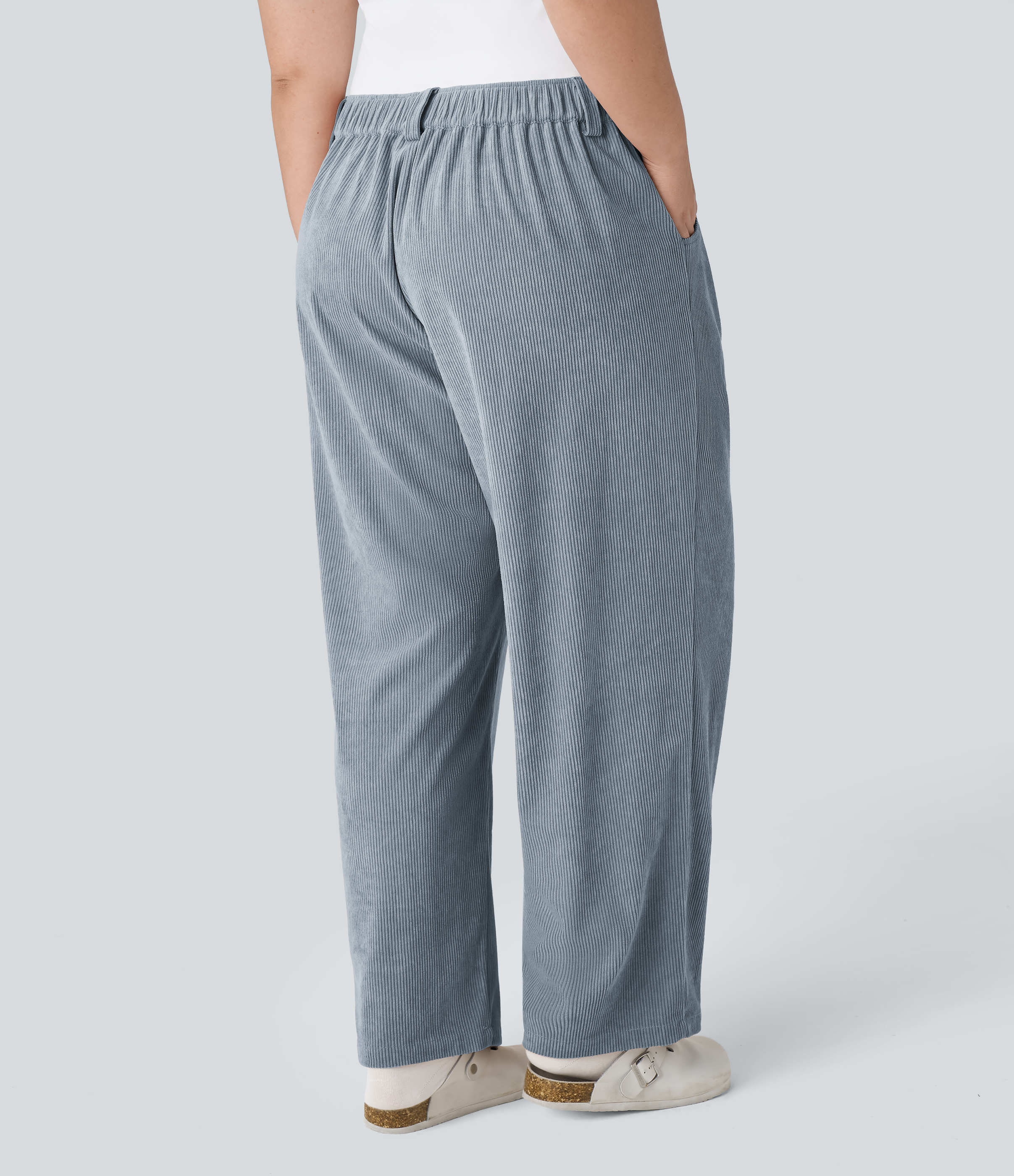 Cloud Gray Blue Mid Rise Zipper Pocket Plus Size Corduroy Casual Pants / 2