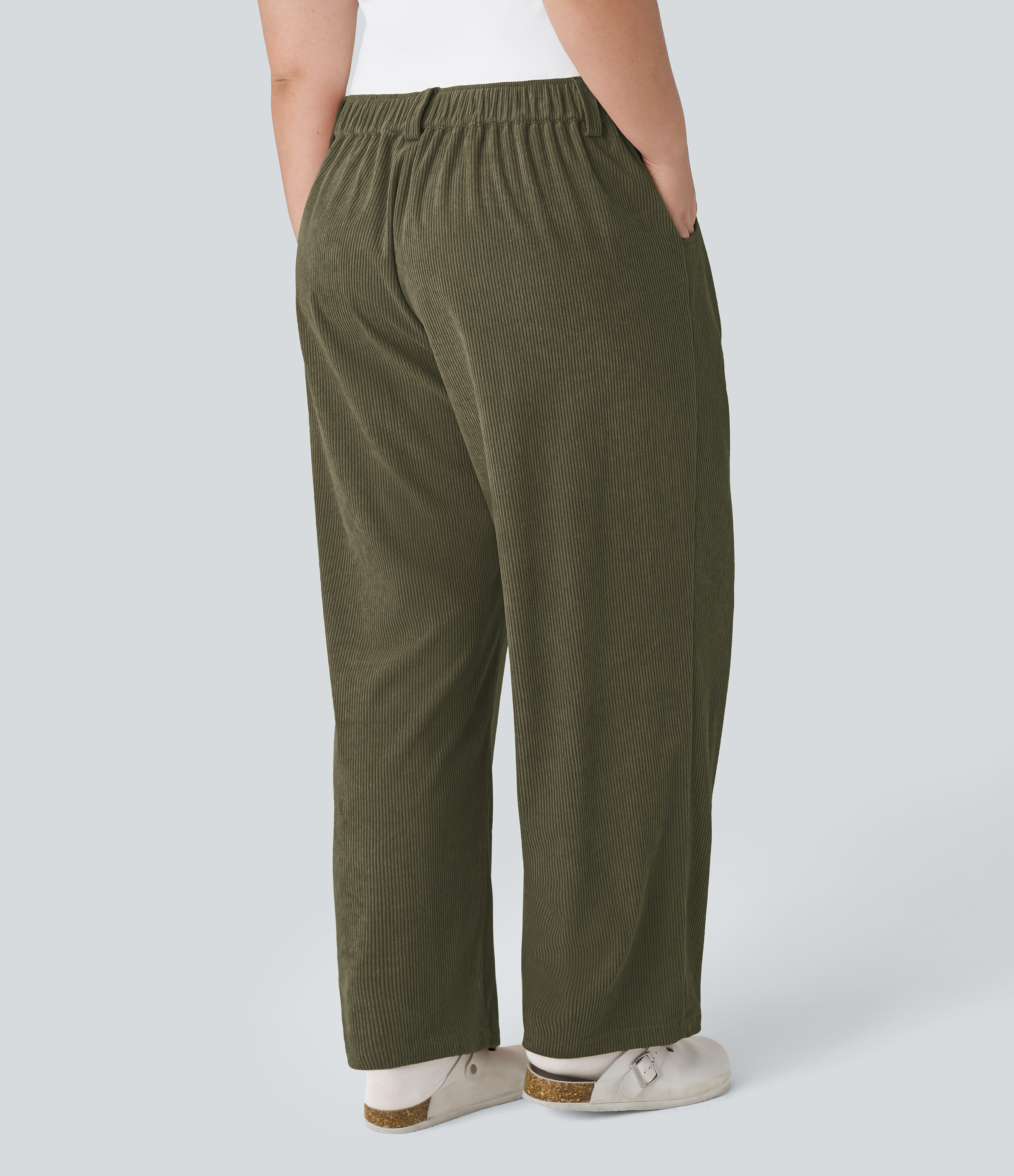Icy Bamboo Green Pantalon Casual Grande Taille Velours Côtelé Taille Mi-haute Boutonnés Fermeture Éclair Poches Latérales / 2
