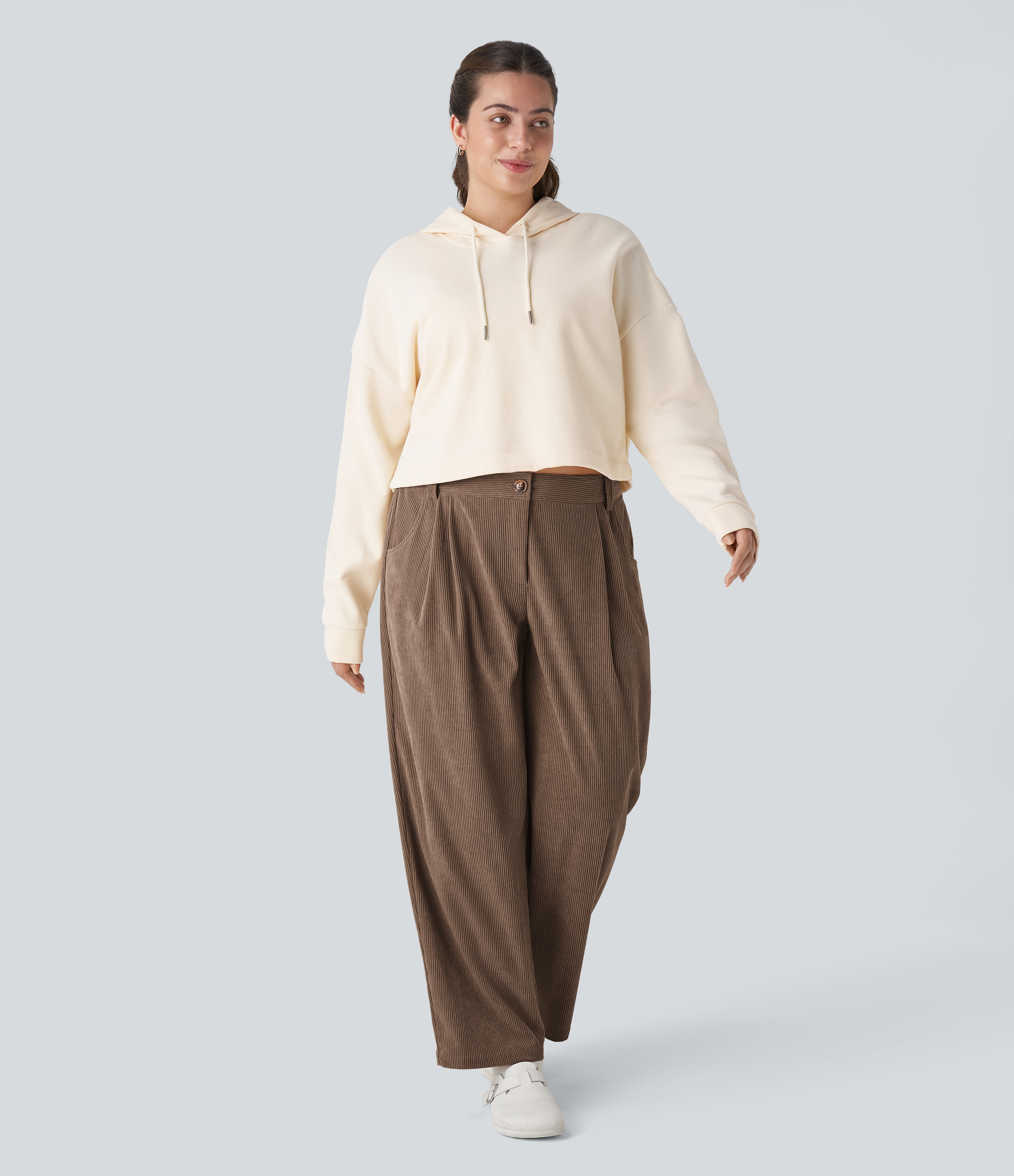 Mid Rise Zipper Pocket Plus Size Corduroy Casual Trousers