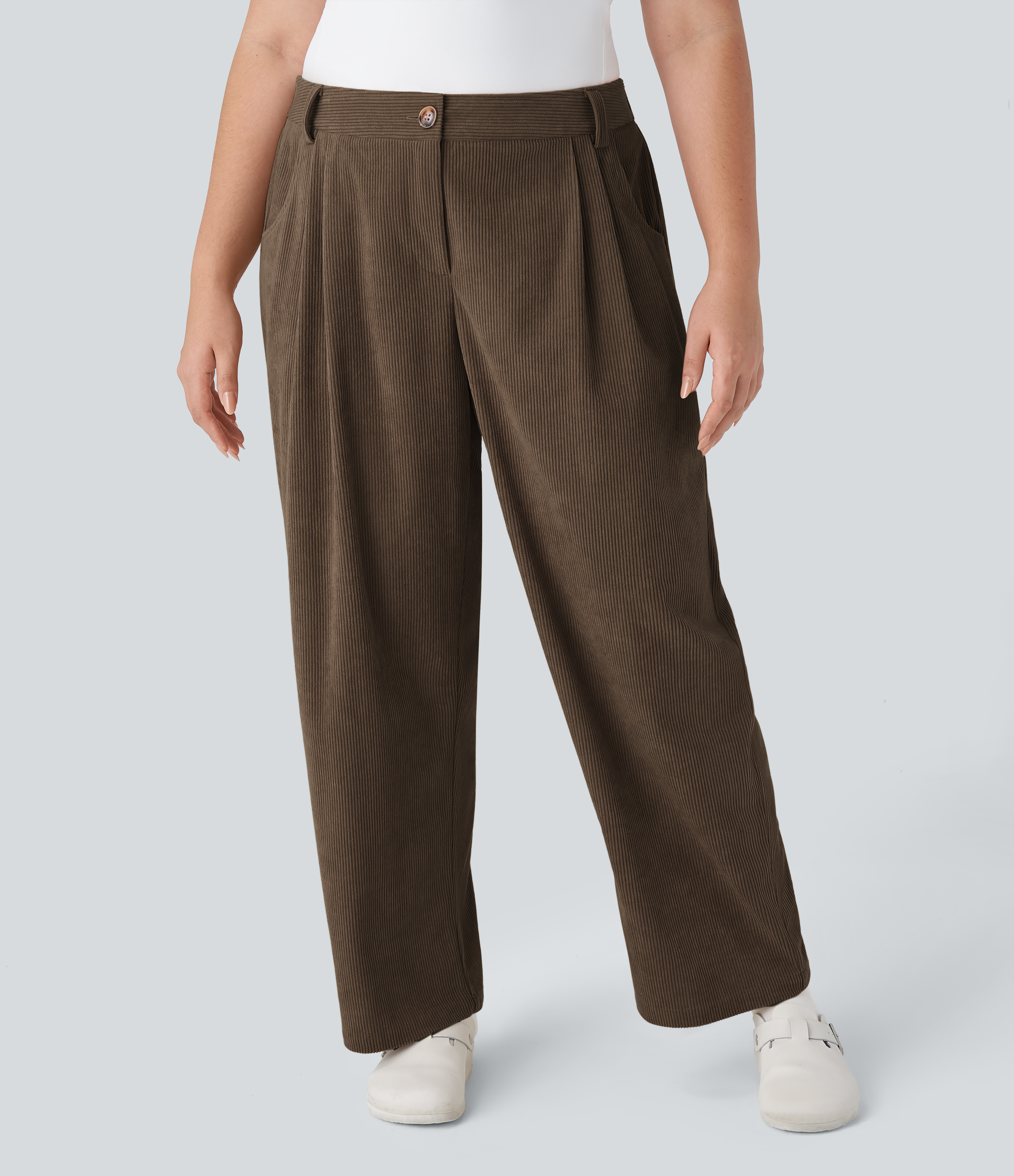 Pantalones pana talla grande bolsillo lateral cremallera botón tiro medio