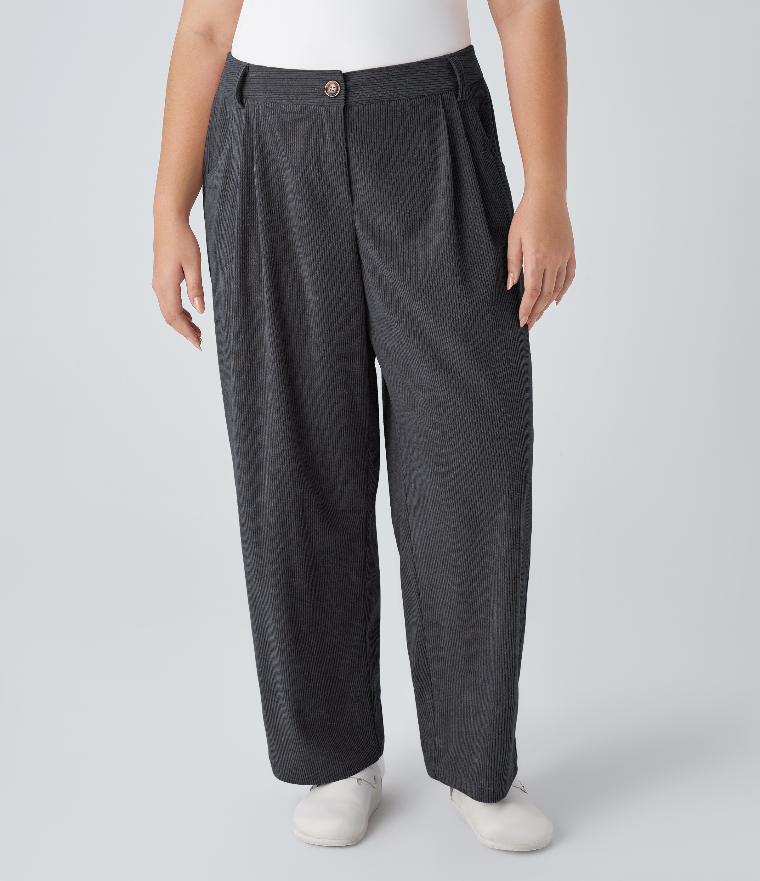 Halara Pantalones pana talla grande bolsillo lateral cremallera botón tiro medio - Nine Iron - 1X: retailer-supplied image