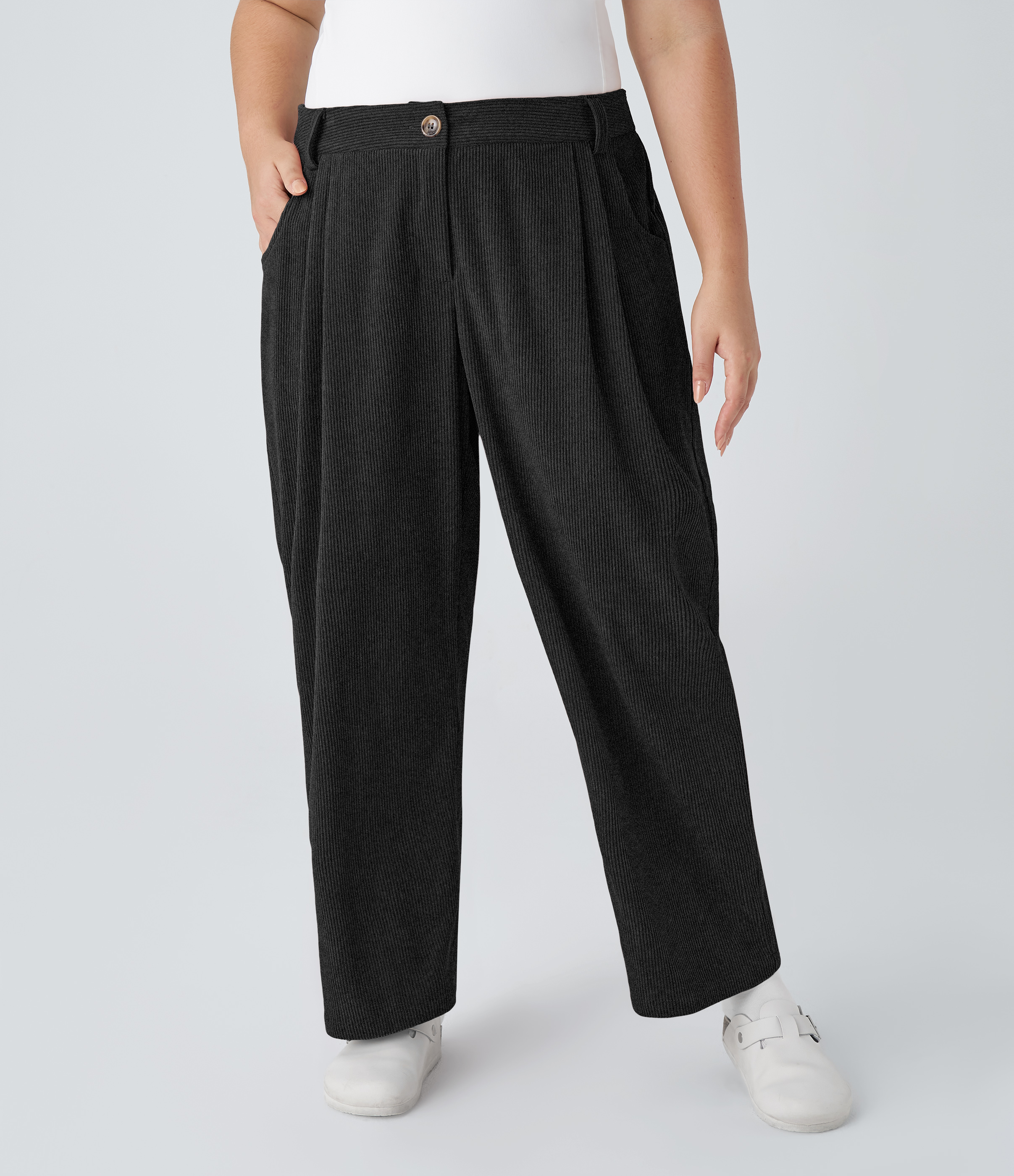 Mid Rise Zipper Pocket Plus Size Corduroy Casual Pants