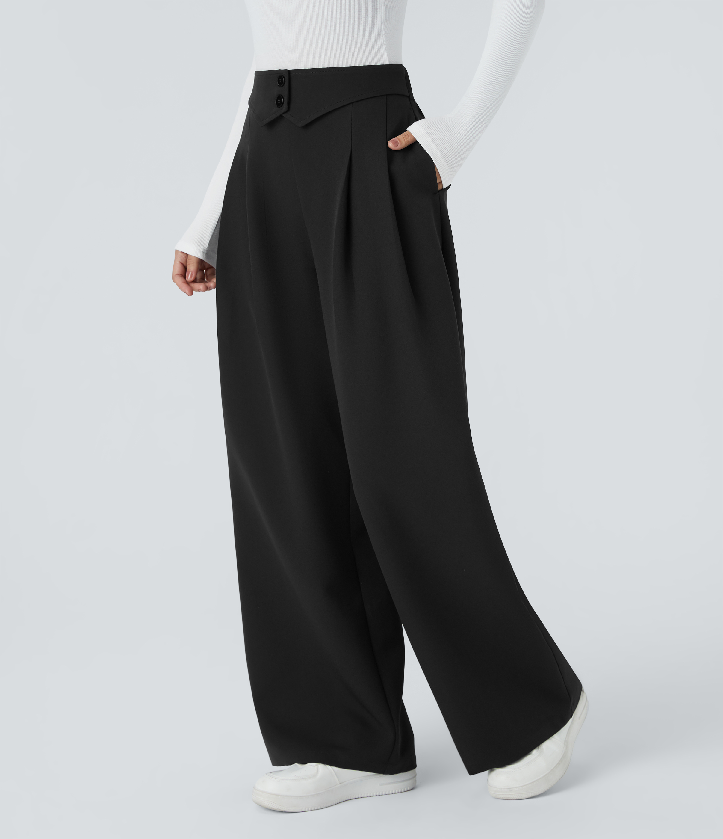 Noir Pantalons de travail taille haute avec poches décoratives et jambes larges. / 1