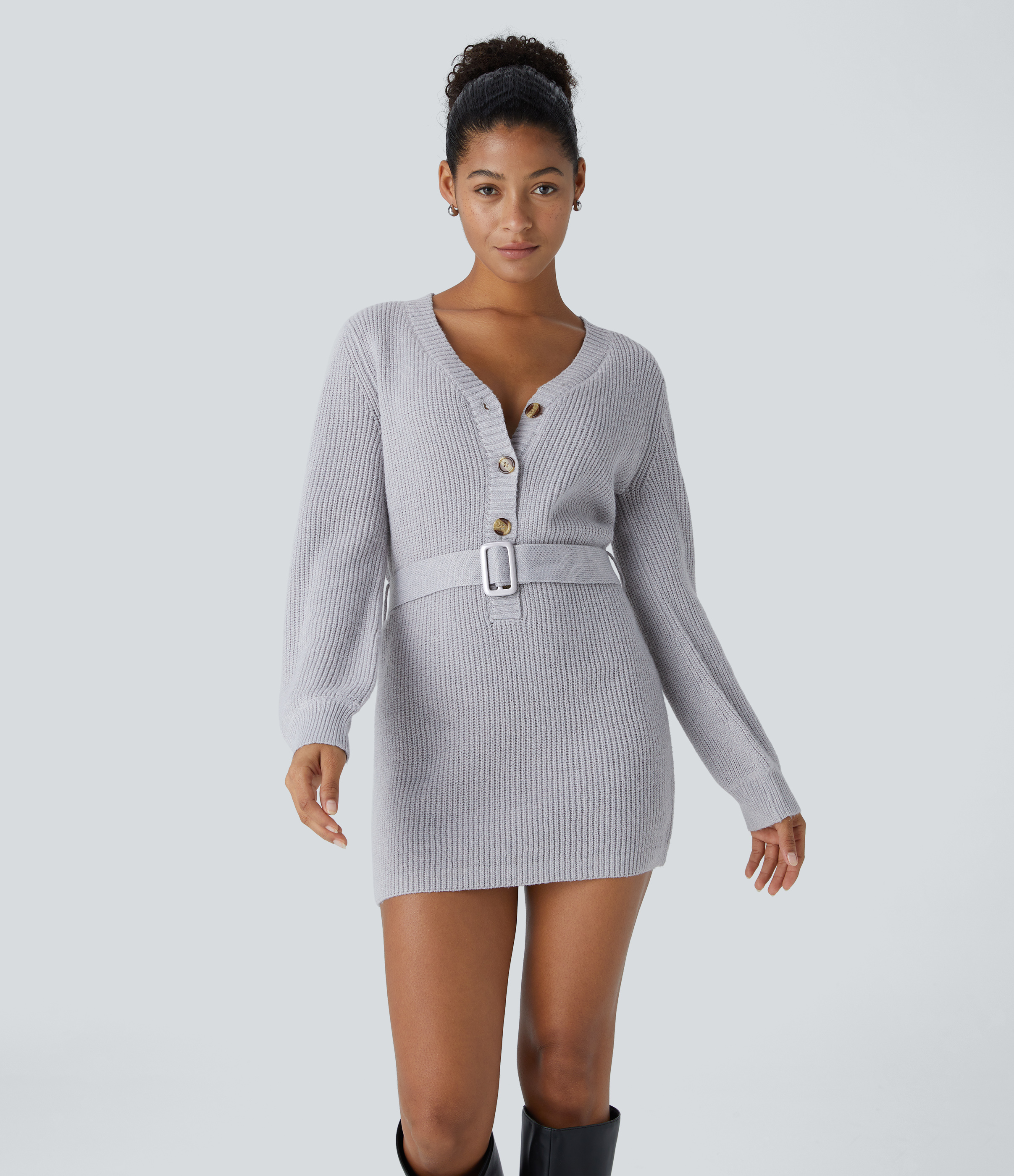 V-neck button front long sleeve belted mini casual sweater dress