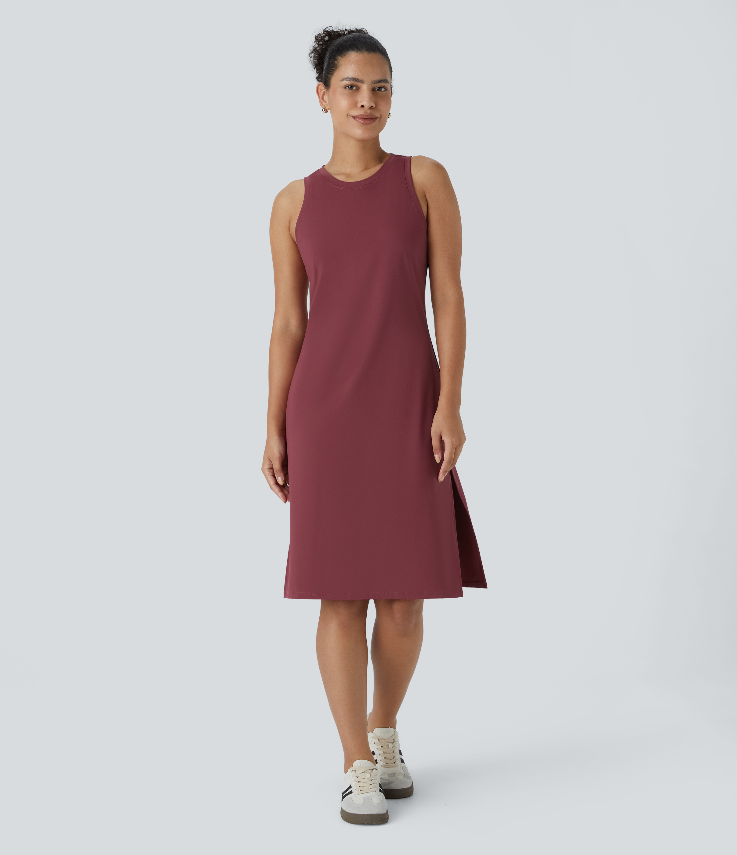 Softlyzero™ Airy Vestido a media pierna liso sin mangas con dobladillo dividido y cuello redondo