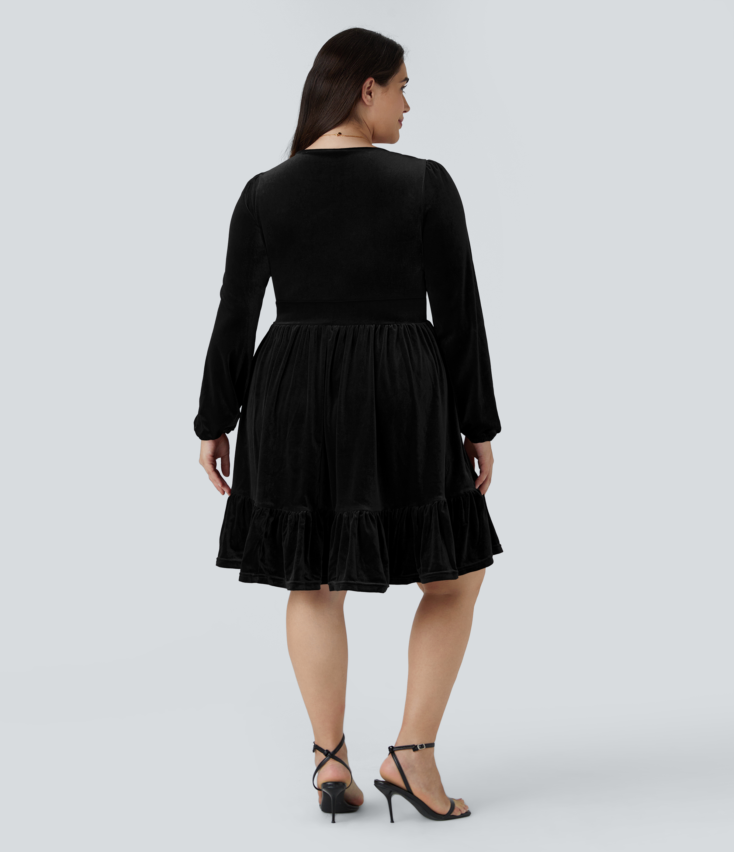 Negro Vestido de terciopelo con escote en V de talla grande / 2