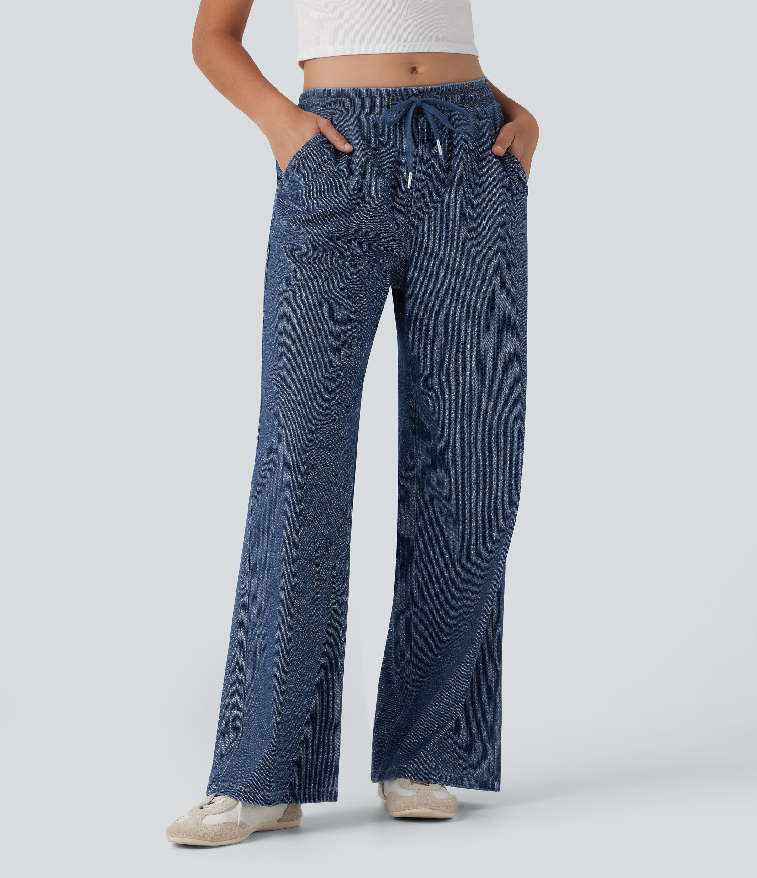 Halara Flex™ Low Rise Drawstring Wide Leg Silver Shine Casual Sweatpants Jeans with Pockets