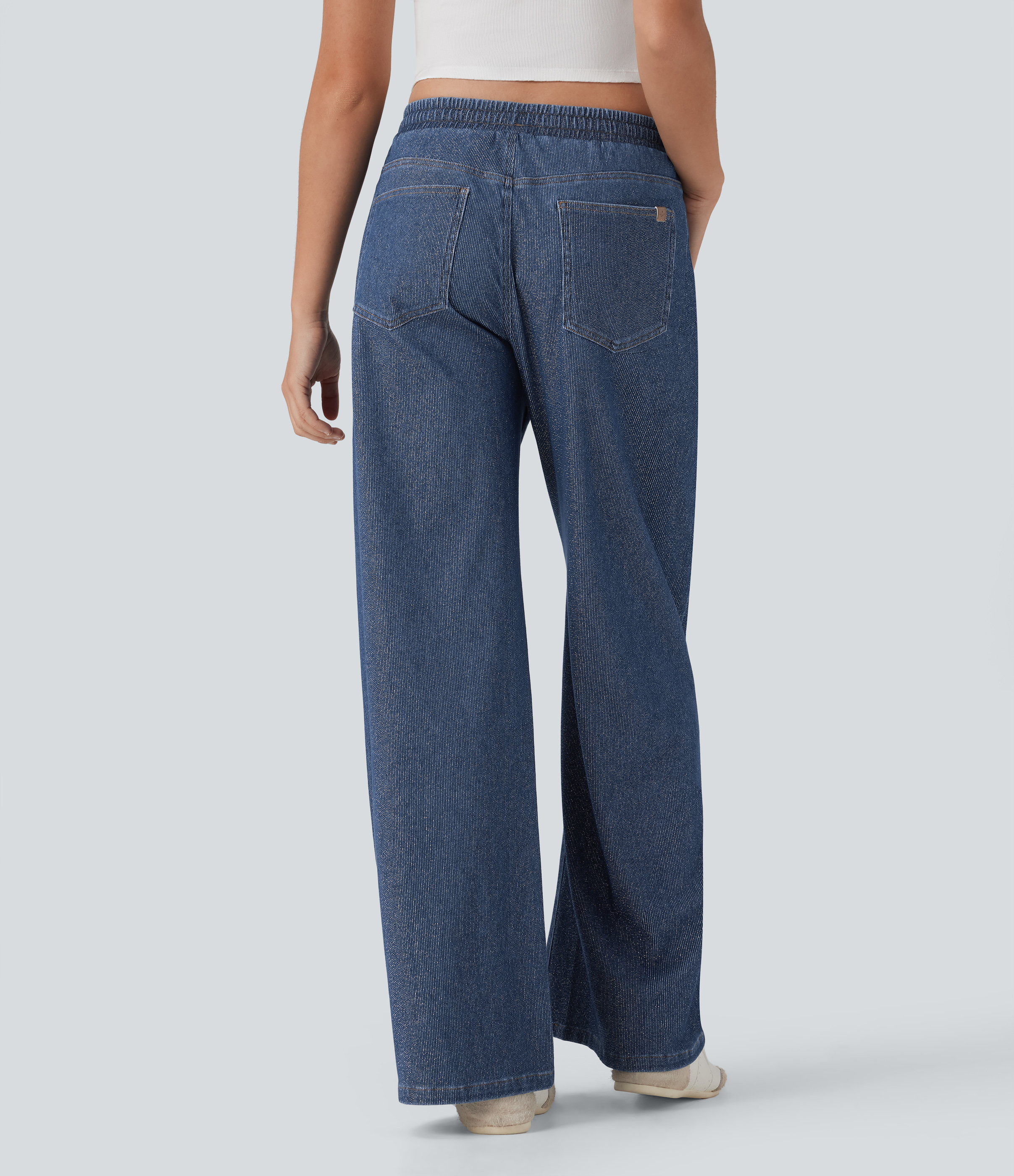 Tide Blue Denim Jeans casuales anchos metalizados Halara Flex™ de tiro bajo con cordón y bolsillos / 2