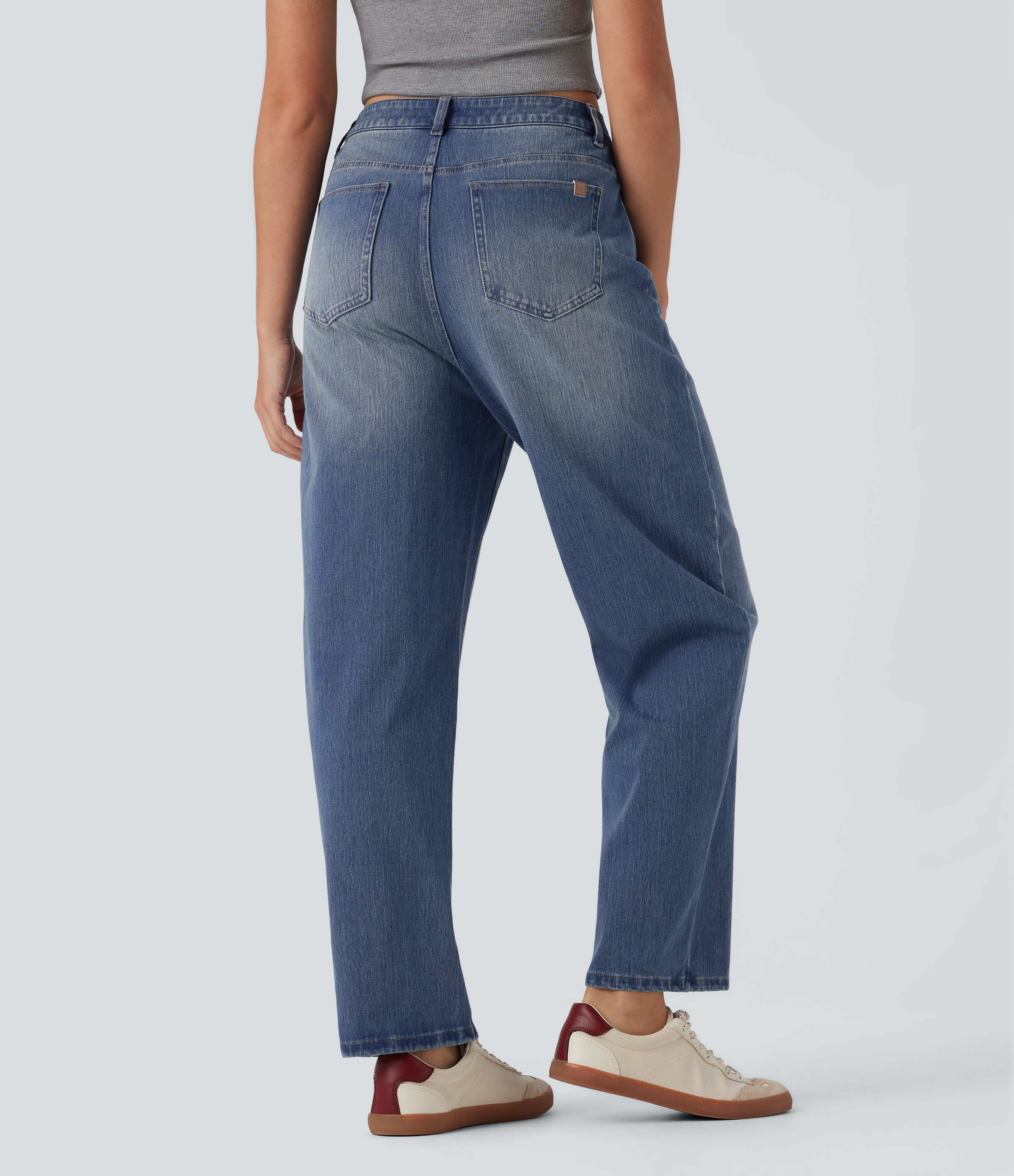 Tide Blue Denim Halara Flex™ jean barrel-leg taille haute, lavé, coupe décontractée, avec poches / 2