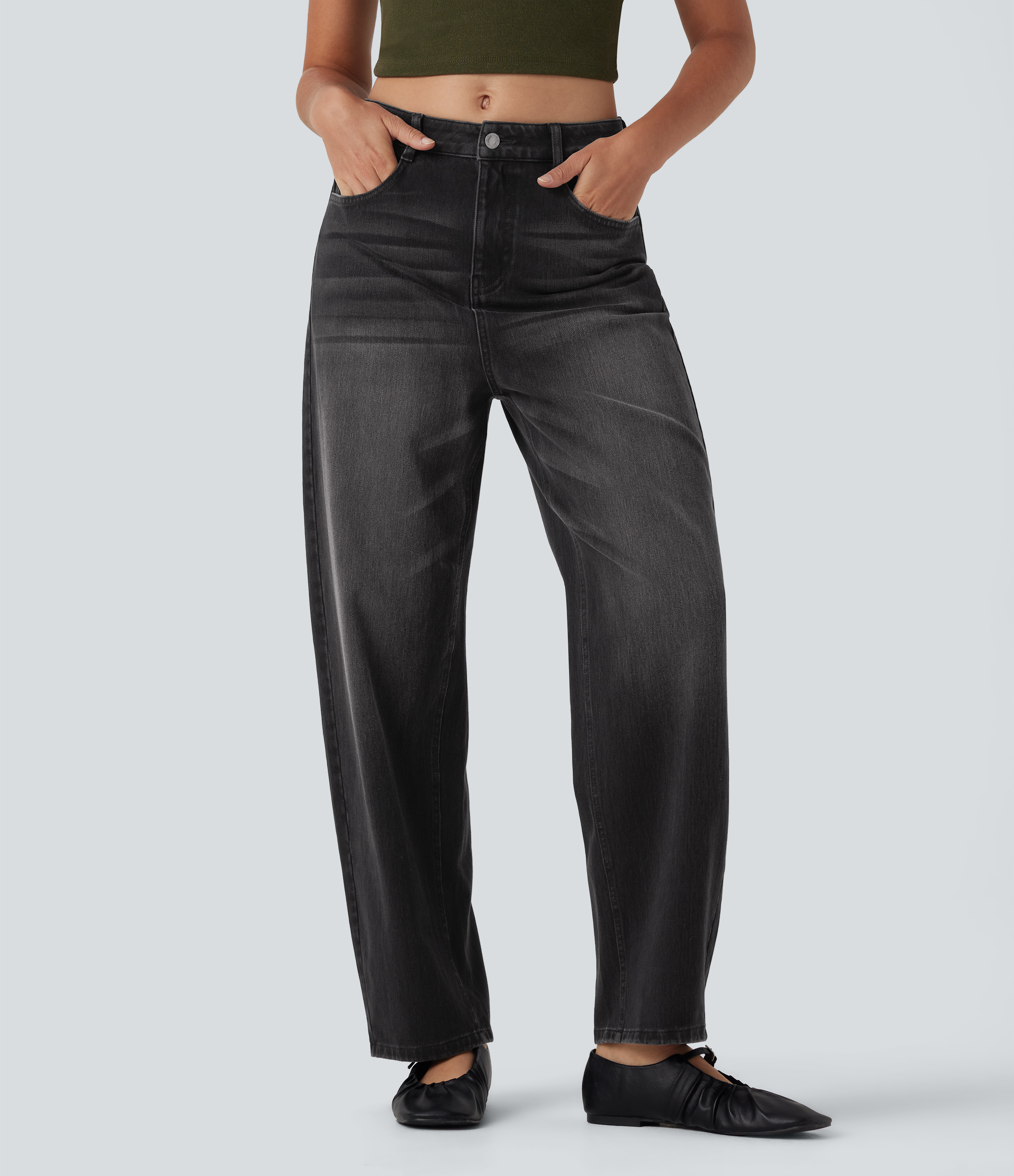 Halara Flex™ - Lässige, verwaschene Jeans mit hohem Bund, Seitentaschen und Barrel-Leg