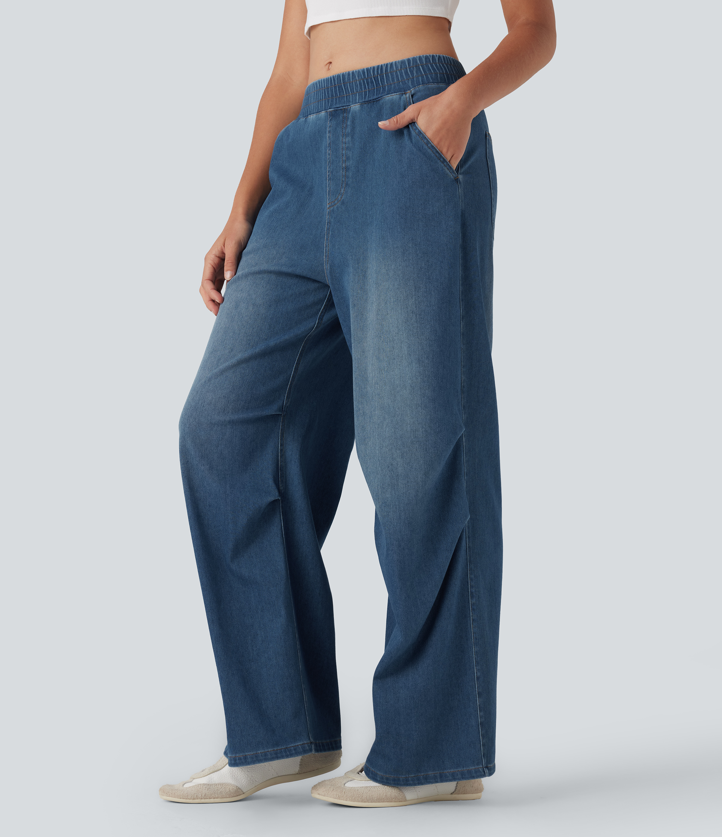 Estate Blue Denim Halara Flex™ Mid Rise Casual Baggy JoggerJeans with Pockets / 1