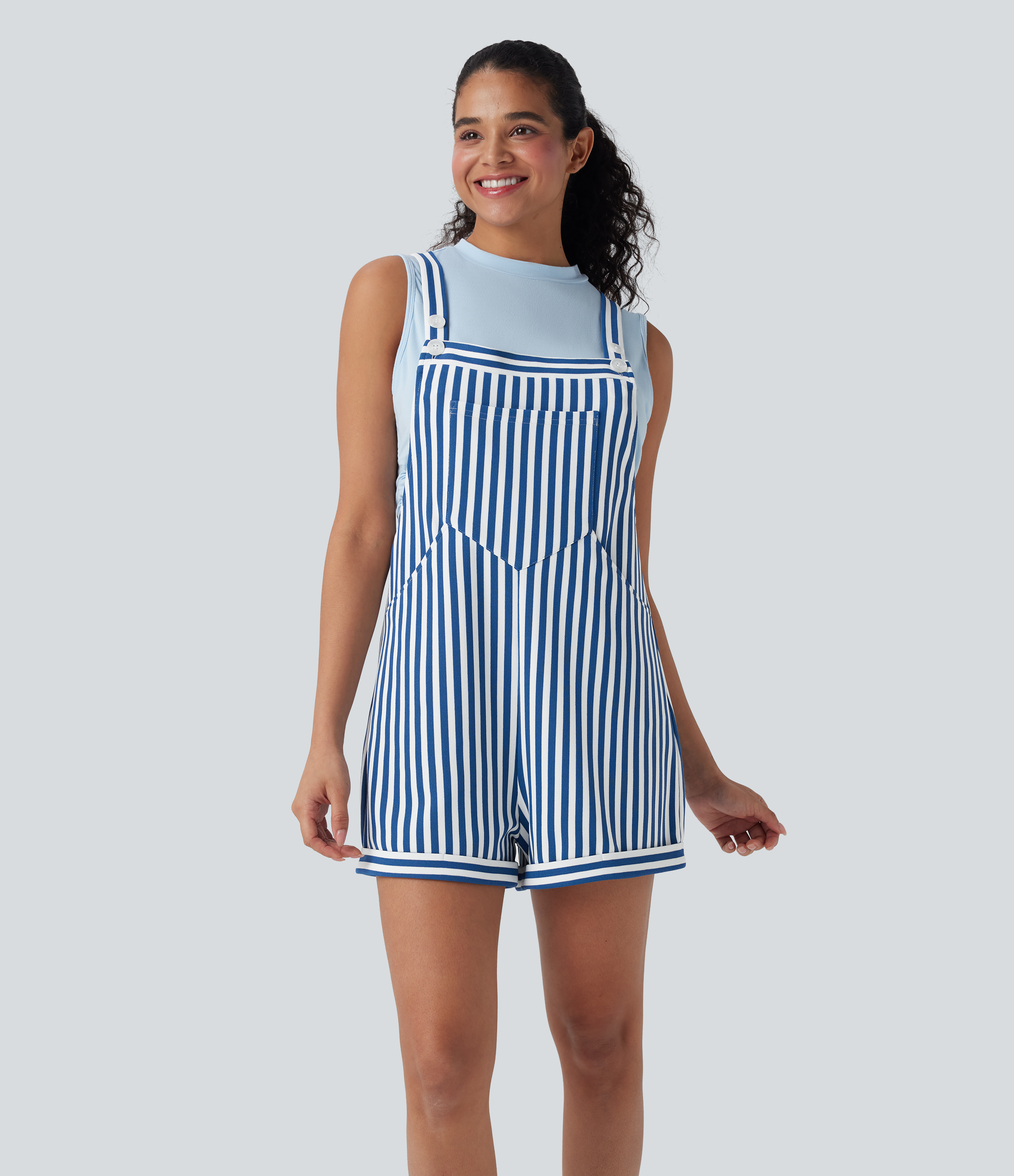 Pockets Stripe Waffle Short Overalls