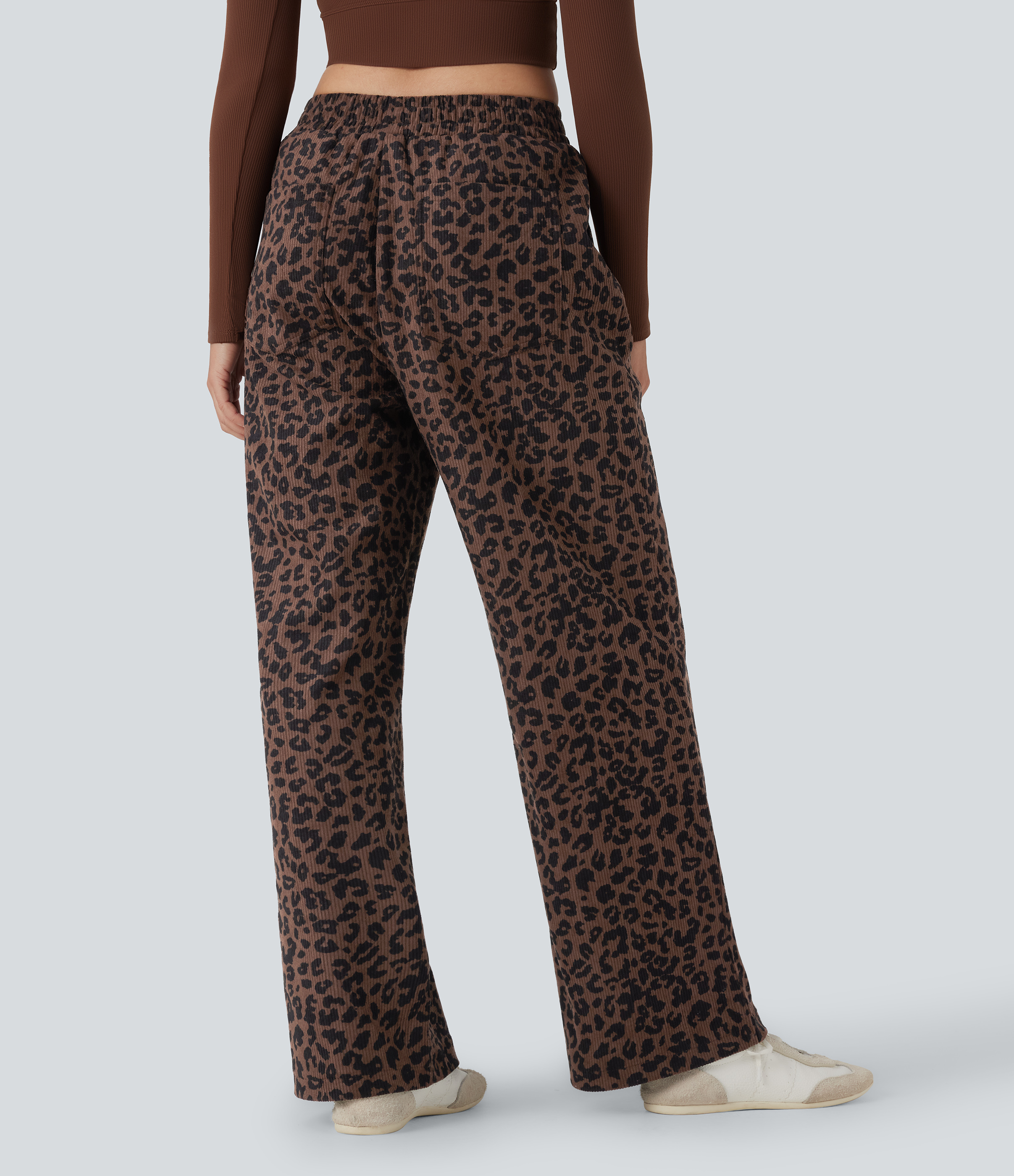 Black Coffee Leopard Print High Waisted Leopard Print Corduroy Casual Baggy Trousers with Pockets / 2