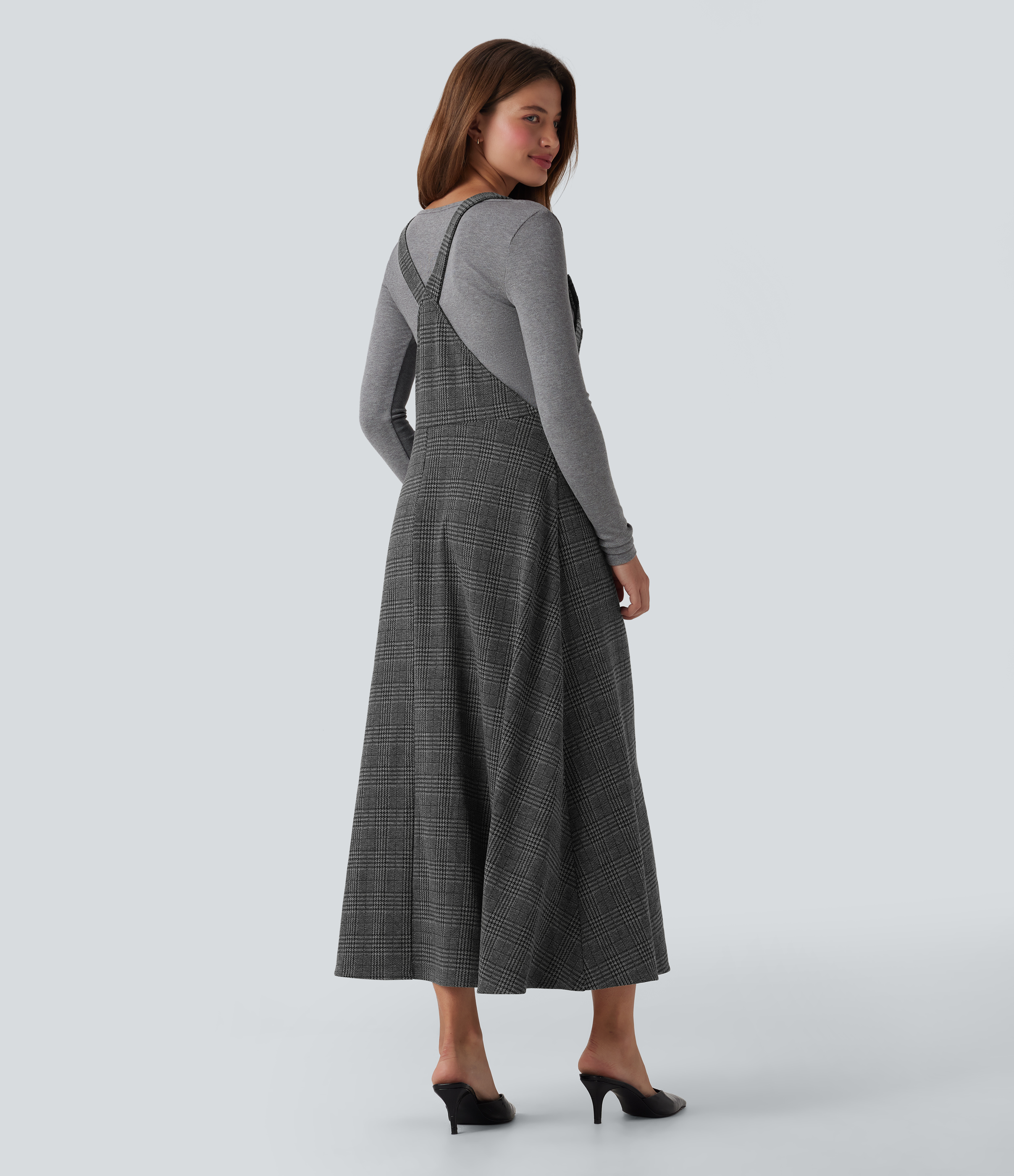 Charcoal Black Houndstooth Plaid Robe-pull midi de travail à motif pied-de-poule avec poches / 2