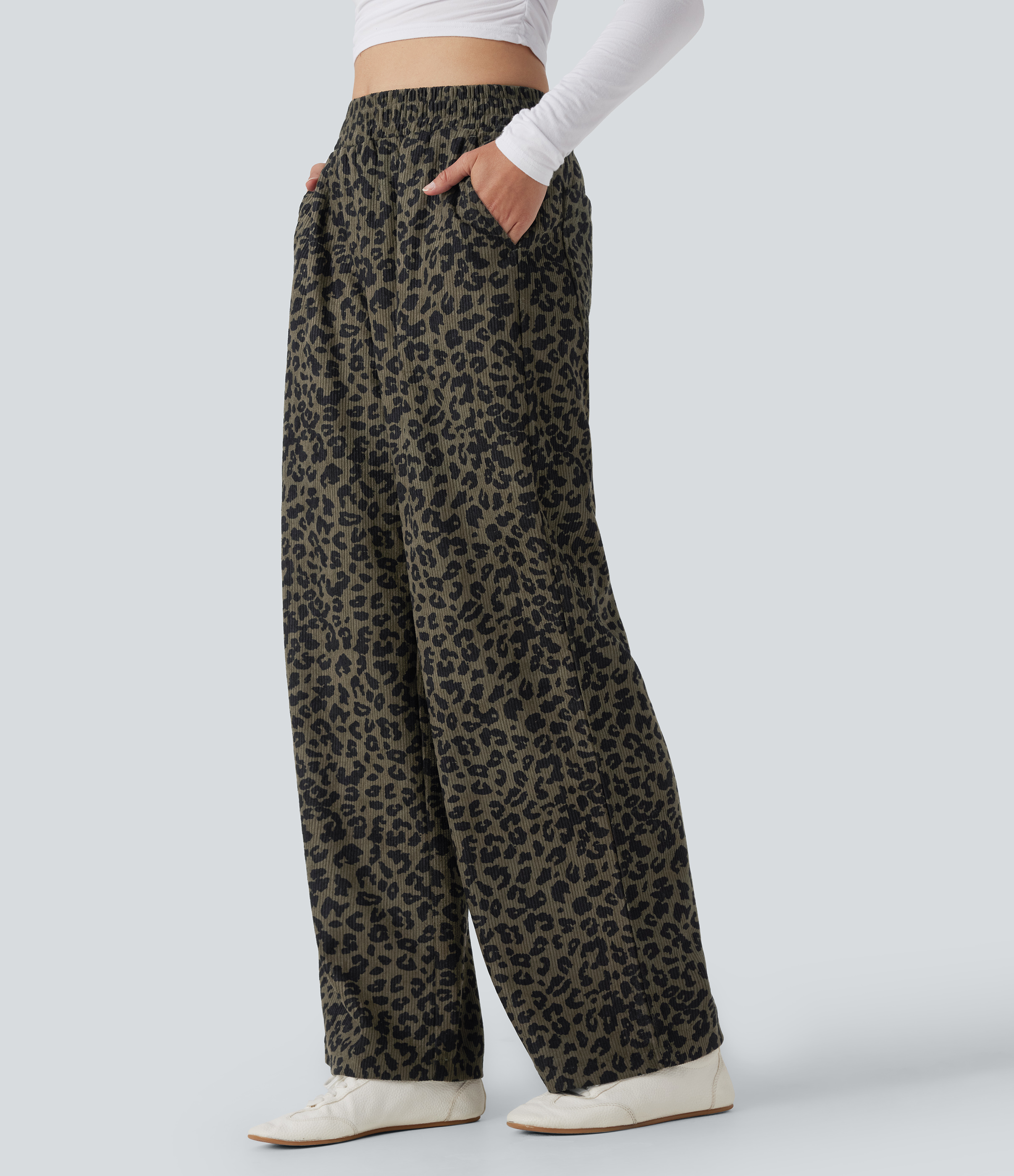Pantalon léopard ample décontracté velours côtelé imprimé taille haute avec poches