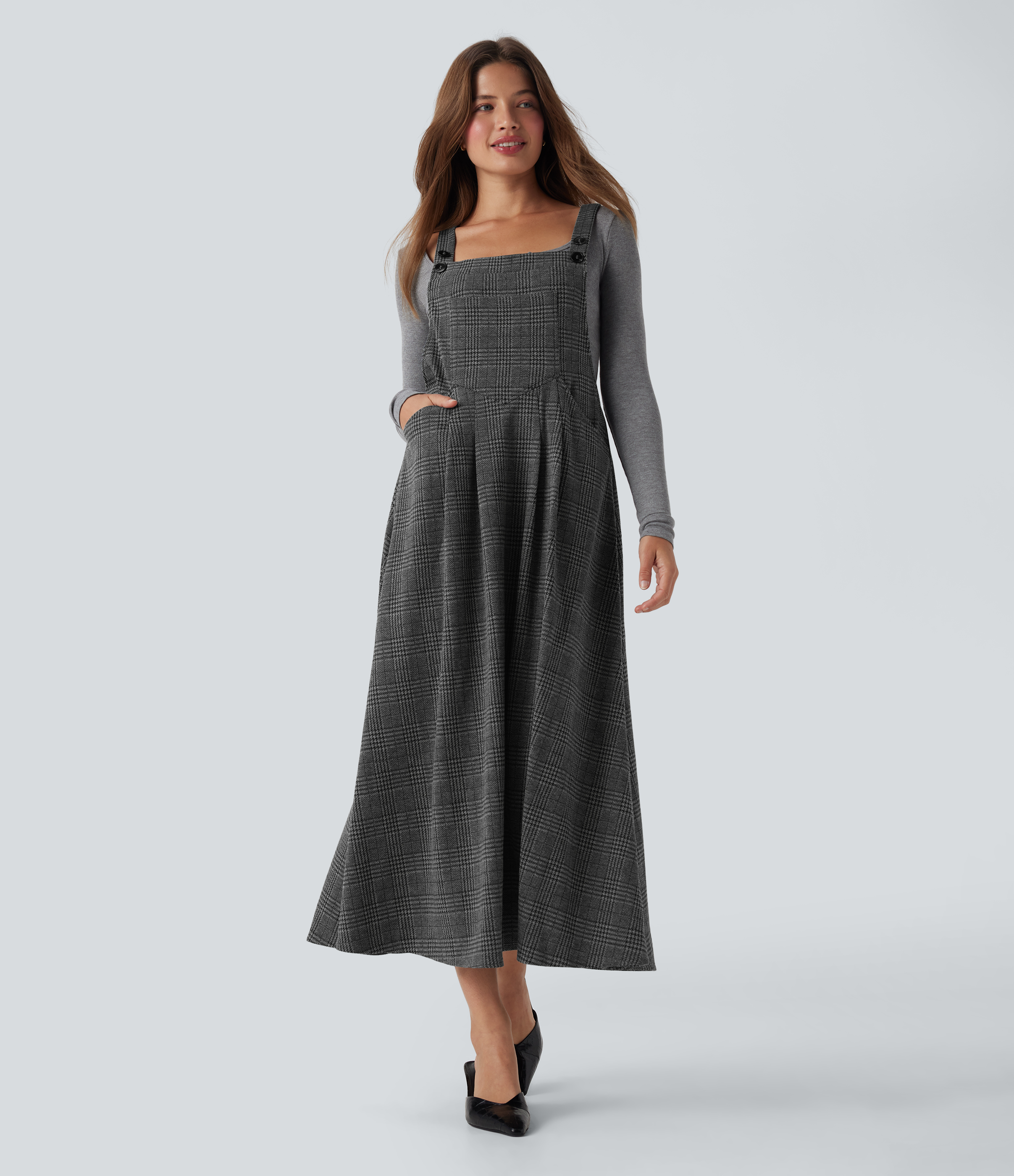Robe chasuble travail midi pied-de-poule carreaux avec poches