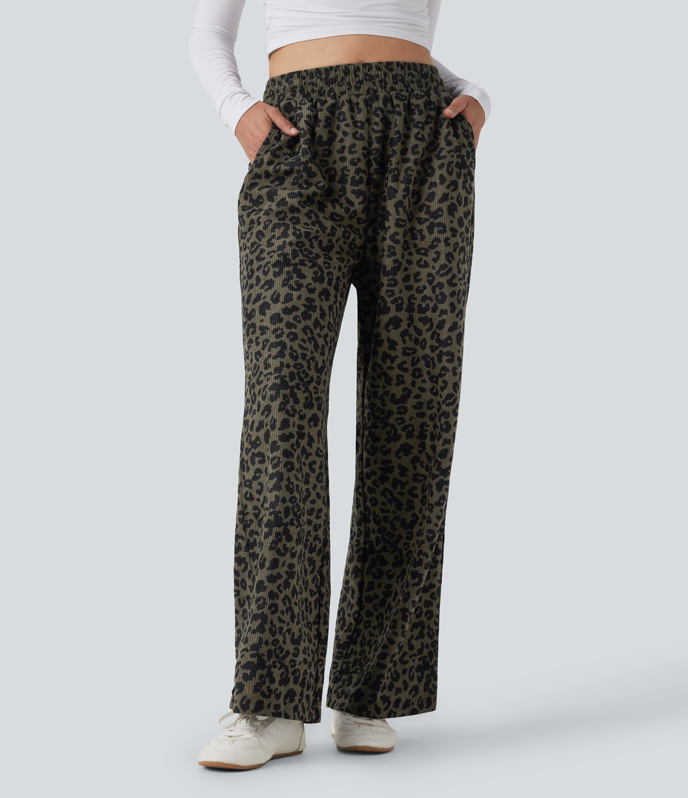 High Waisted Leopard Print Corduroy Women Smart Casual Baggy Pants with Pockets