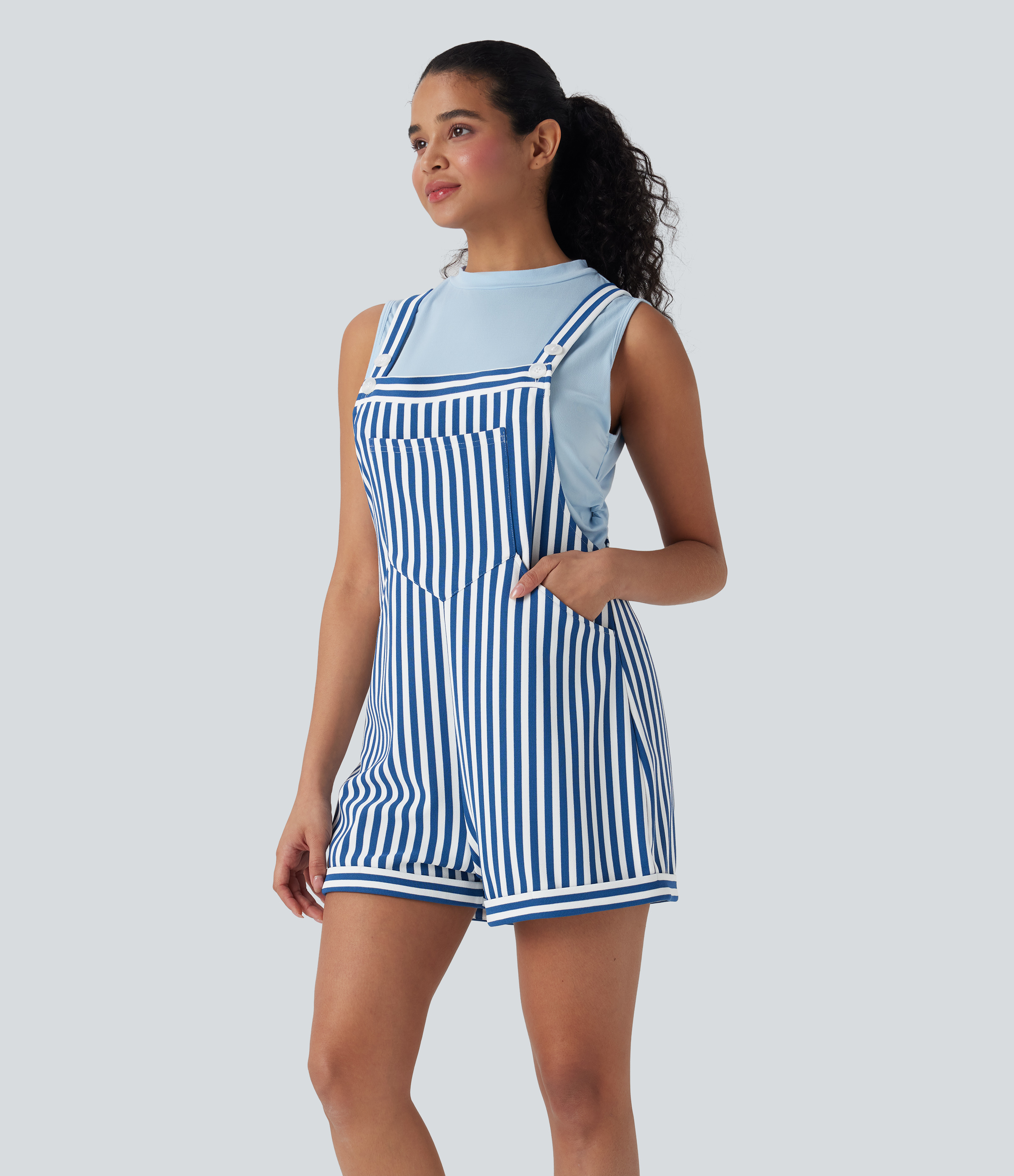 Pockets Stripe Waffle Short Overalls
