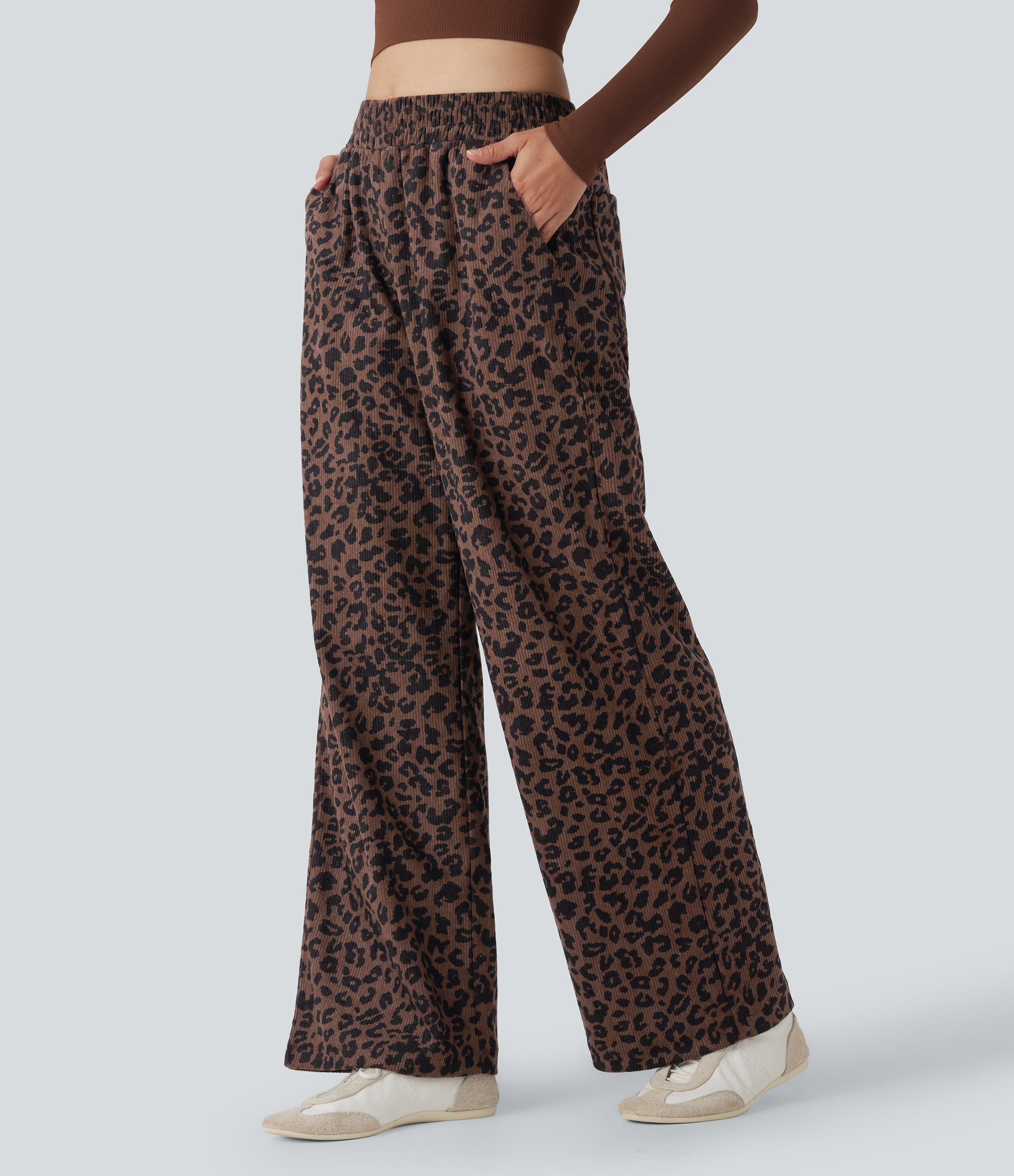 Women’s High Waisted Leopard Print Corduroy Casual Baggy Trousers with Pockets - Halara 