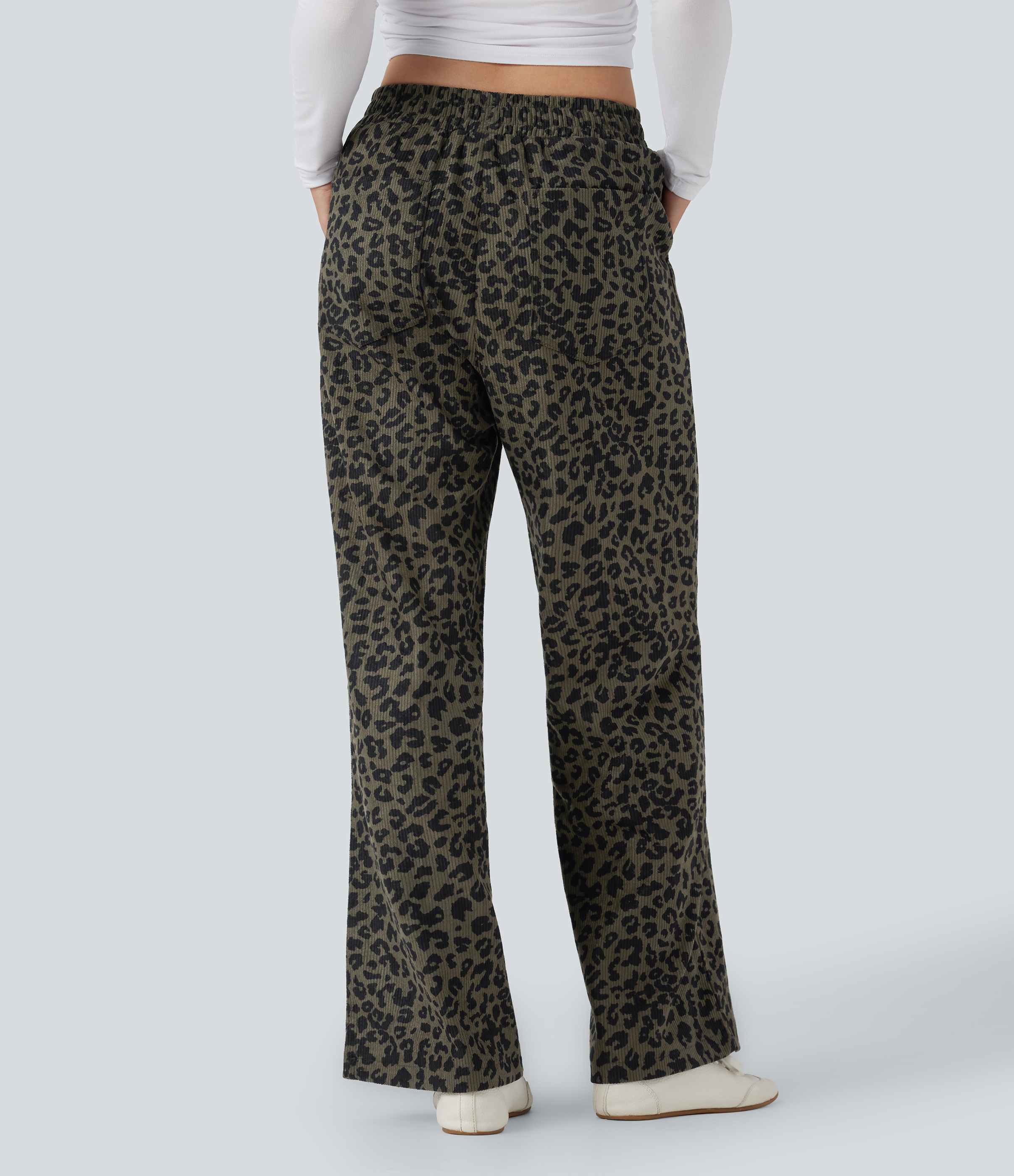 Olive Leopard Pantalones holgados casuales de pana con estampado de leopardo y tiro alto con bolsillos / 2